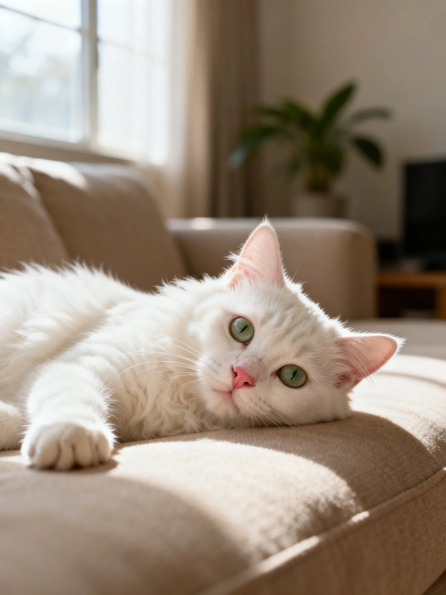 A white cat with green eyes relaxes on a beige sofa in a sunlit living room setting.