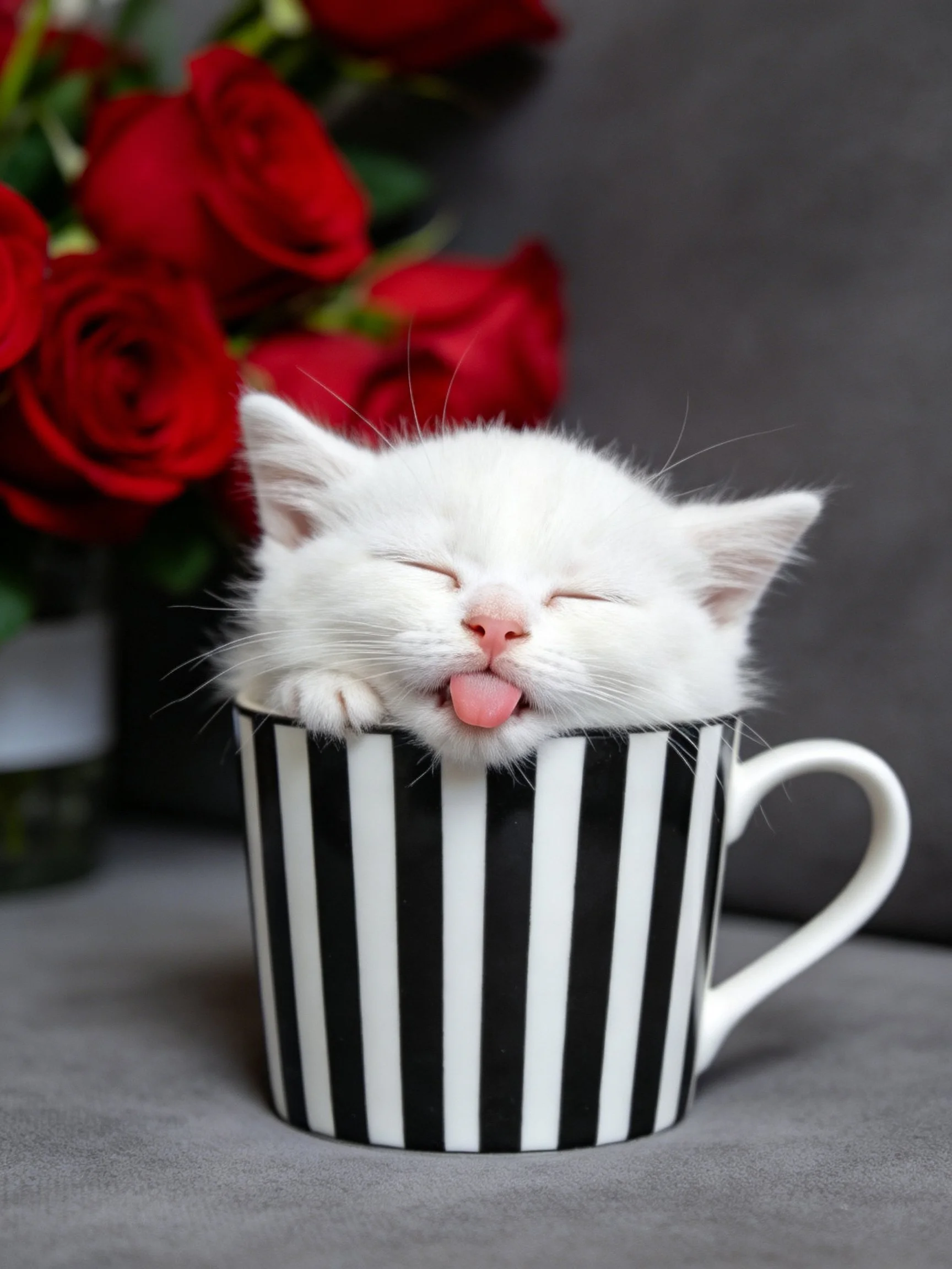 A white kitten lounges in a black - white striped mug near red roses