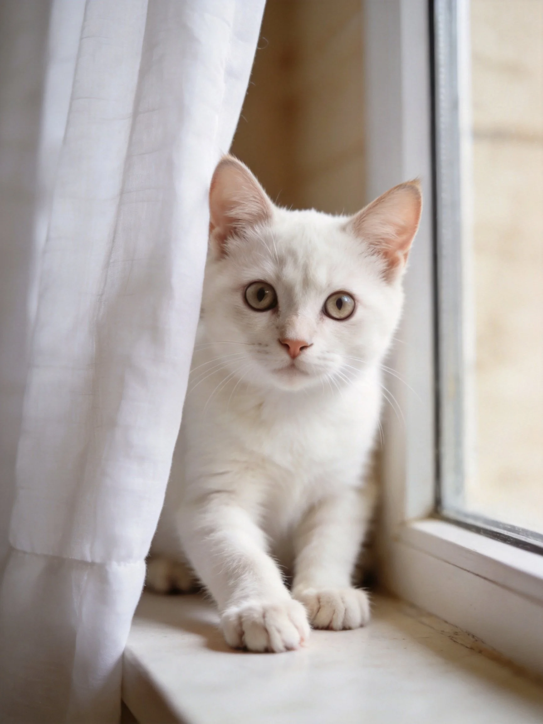 A white kitten peeks from behind a white curtain by a window ledge