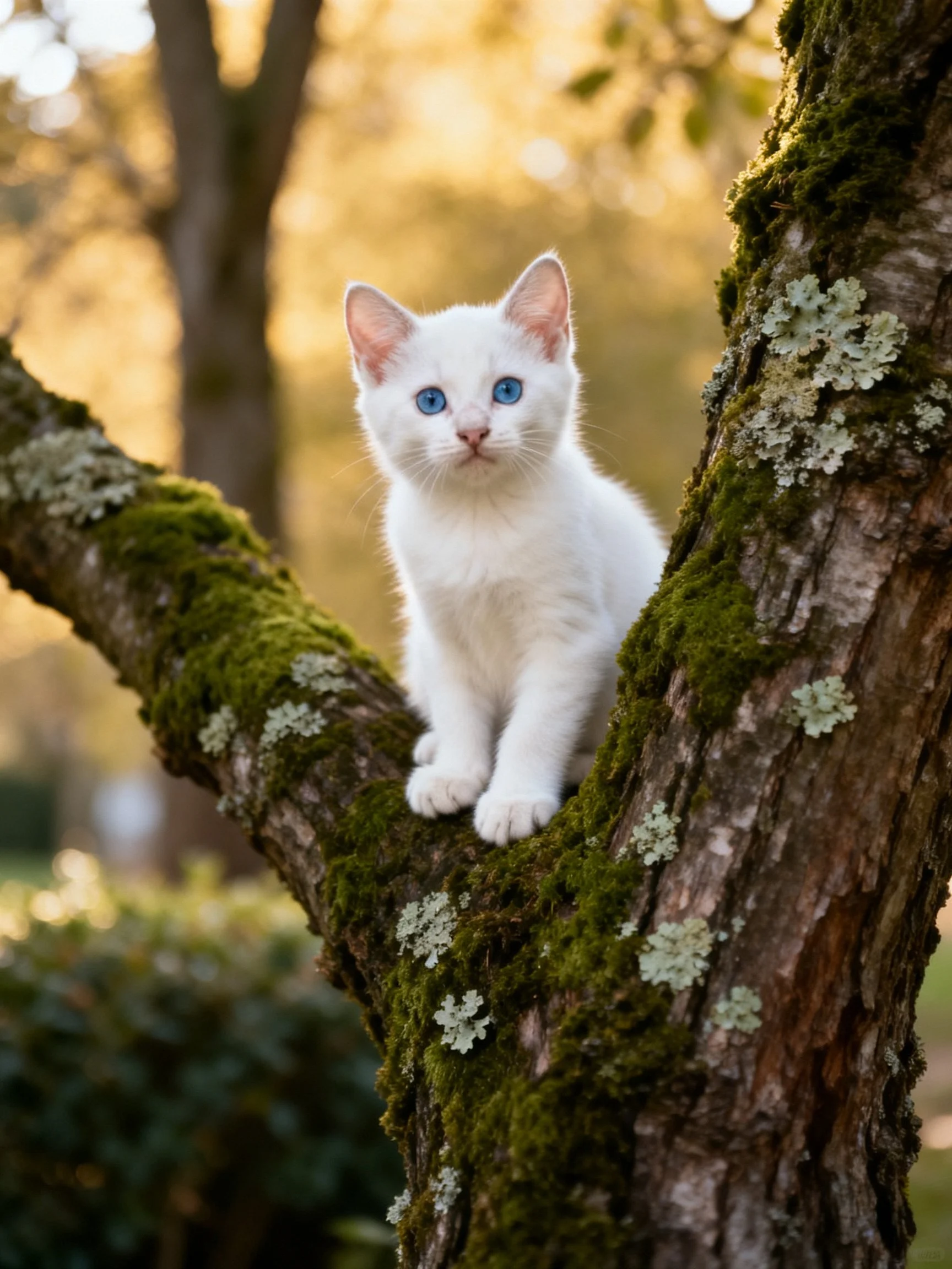 A white kitten perched on a moss-covered tree branch