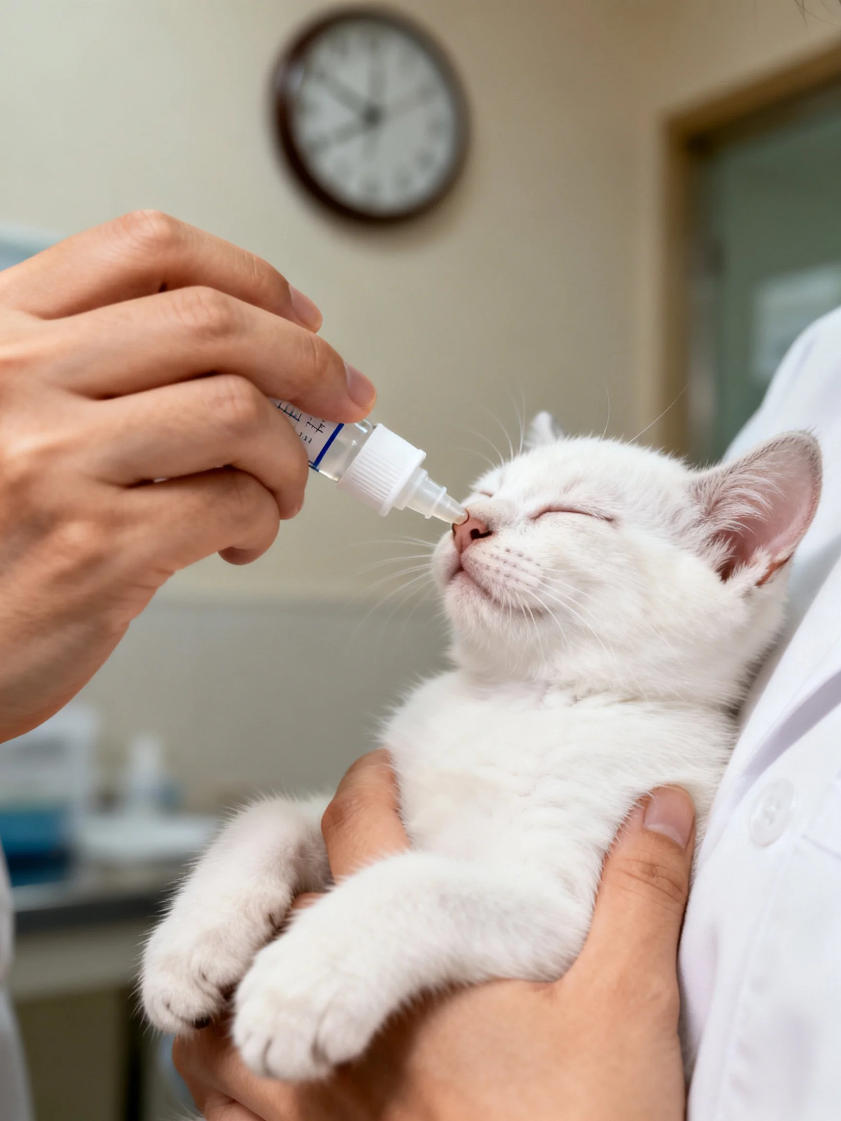 A white kitten receiving eye drops from a veterinarian