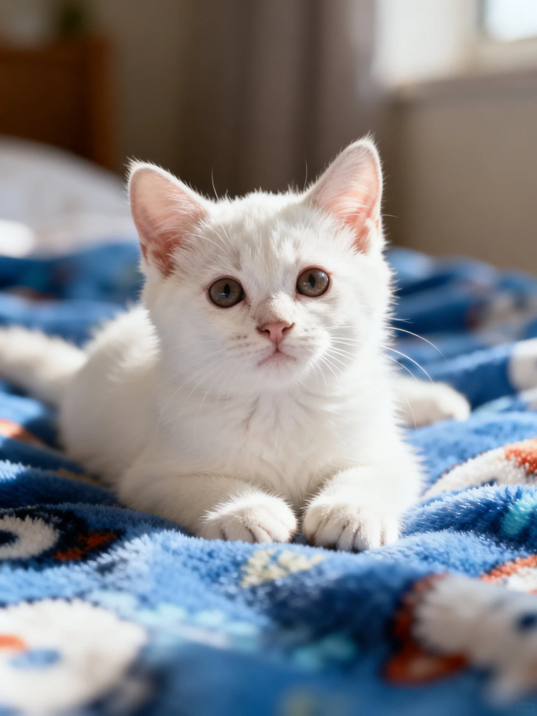 A white kitten rests on a patterned blue blanket indoors