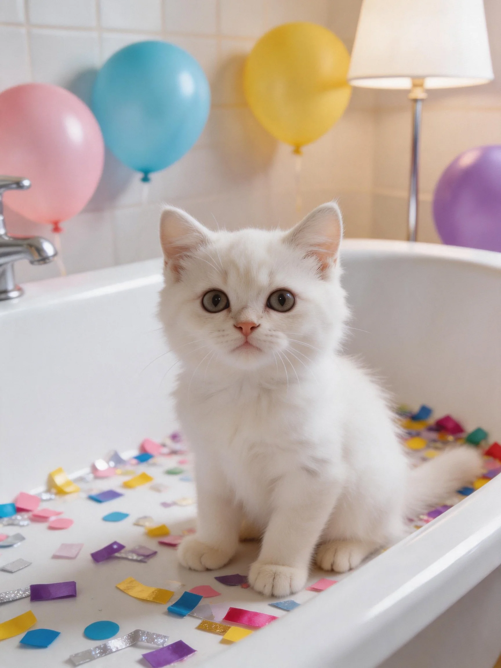 A white kitten sits in a bathtub with colorful confetti, with balloons in the background.