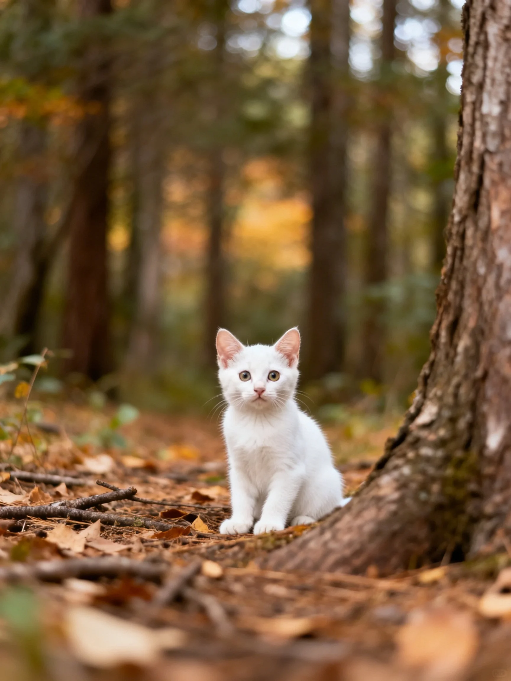 A white kitten sits near a tree trunk in a forest with fallen leaves