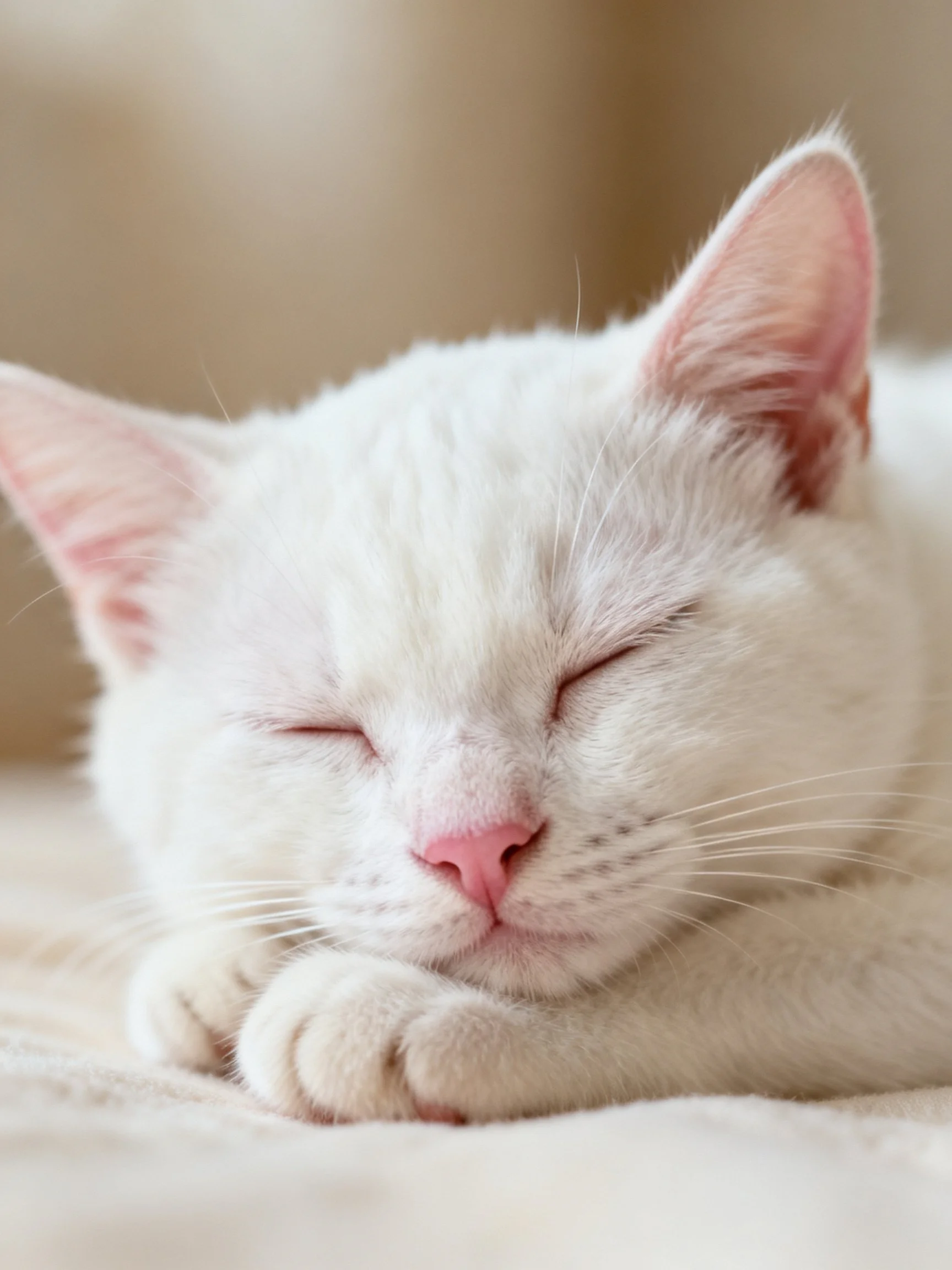 A white kitten sleeps peacefully with closed eyes on a soft surface
