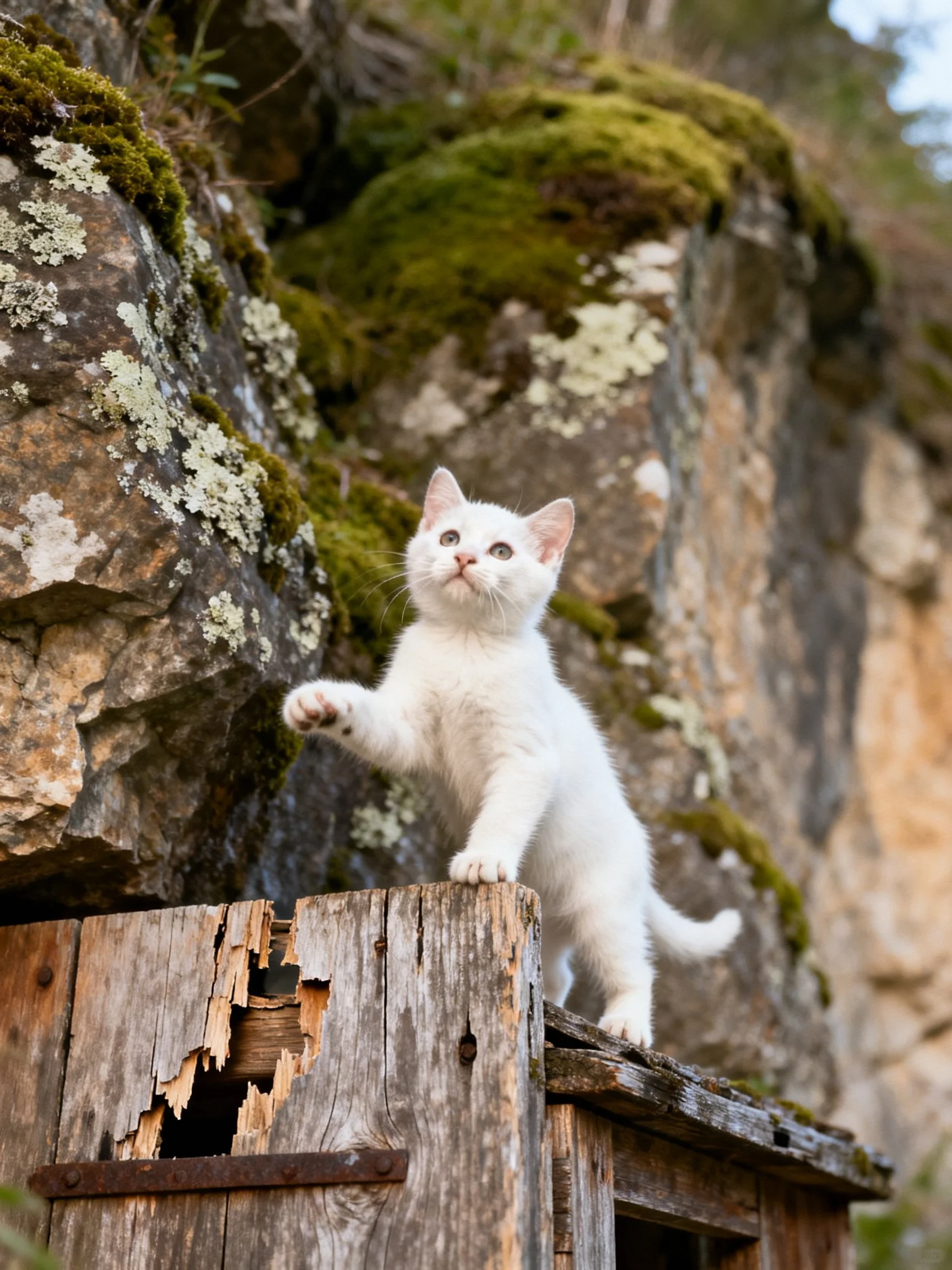 A white kitten explores a weathered wooden structure beside mossy rocky cliffs