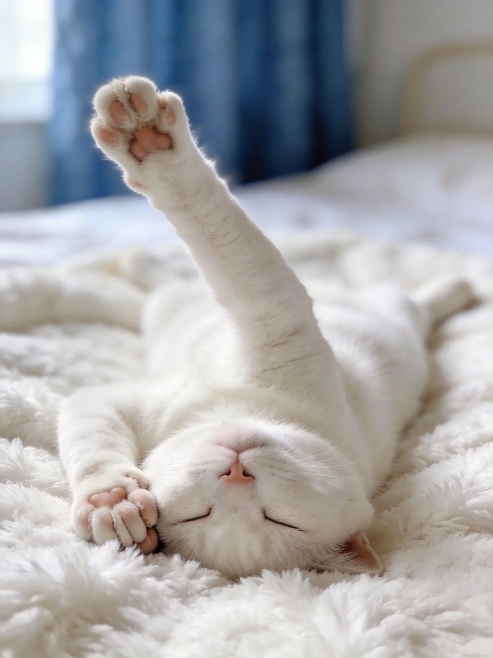 A white kitten stretches on a plush bedspread near blue curtains