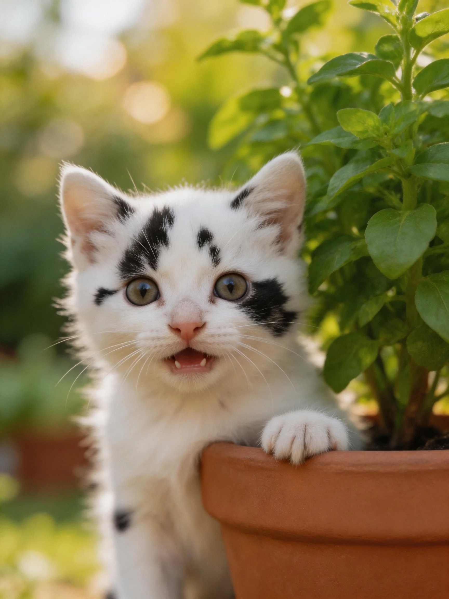 A white kitten with black spots peeks from a terracotta pot near green plants