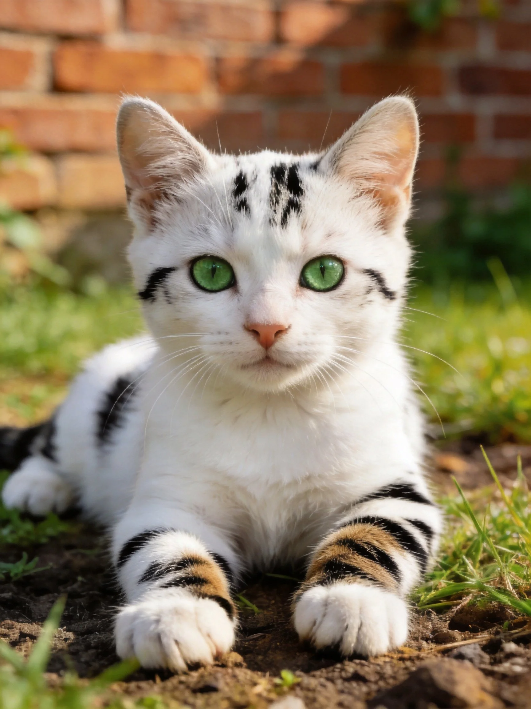 A white kitten with black stripes and bright green eyes rests near a brick wall