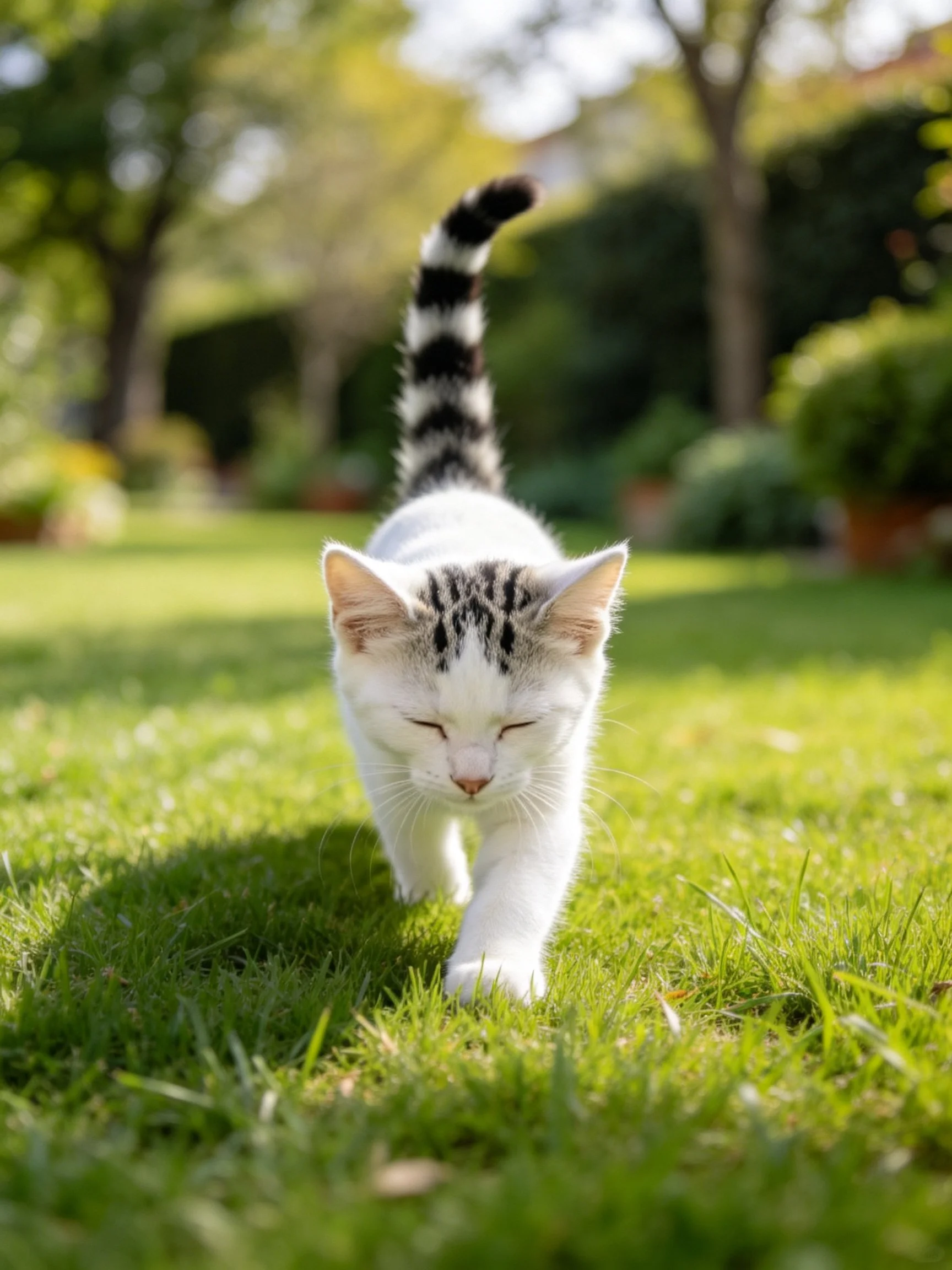 A white kitten with black stripes walks on lush green grass