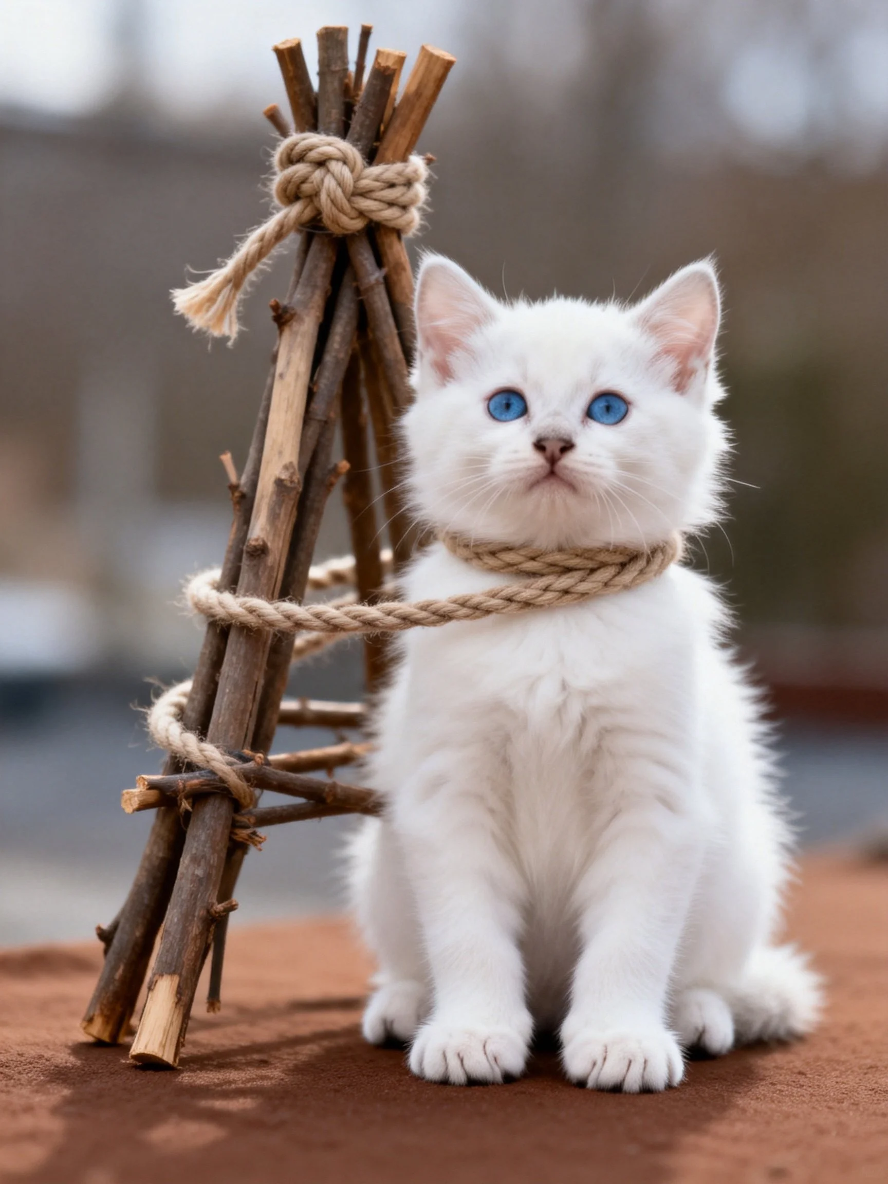A white kitten with blue eyes sits beside a rope-wrapped wooden structure.