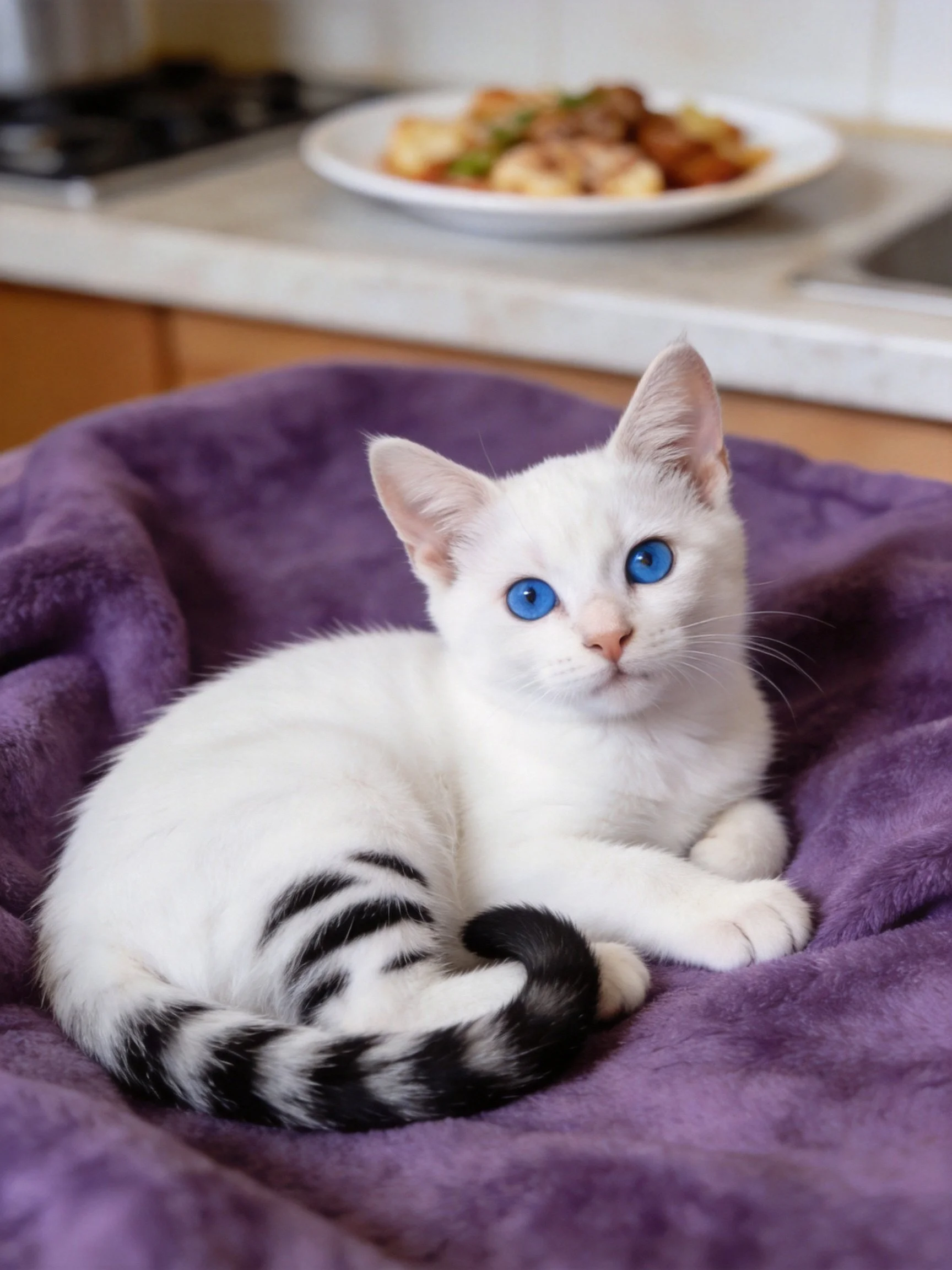A white kitten with blue eyes relaxes on a purple blanket in a home.