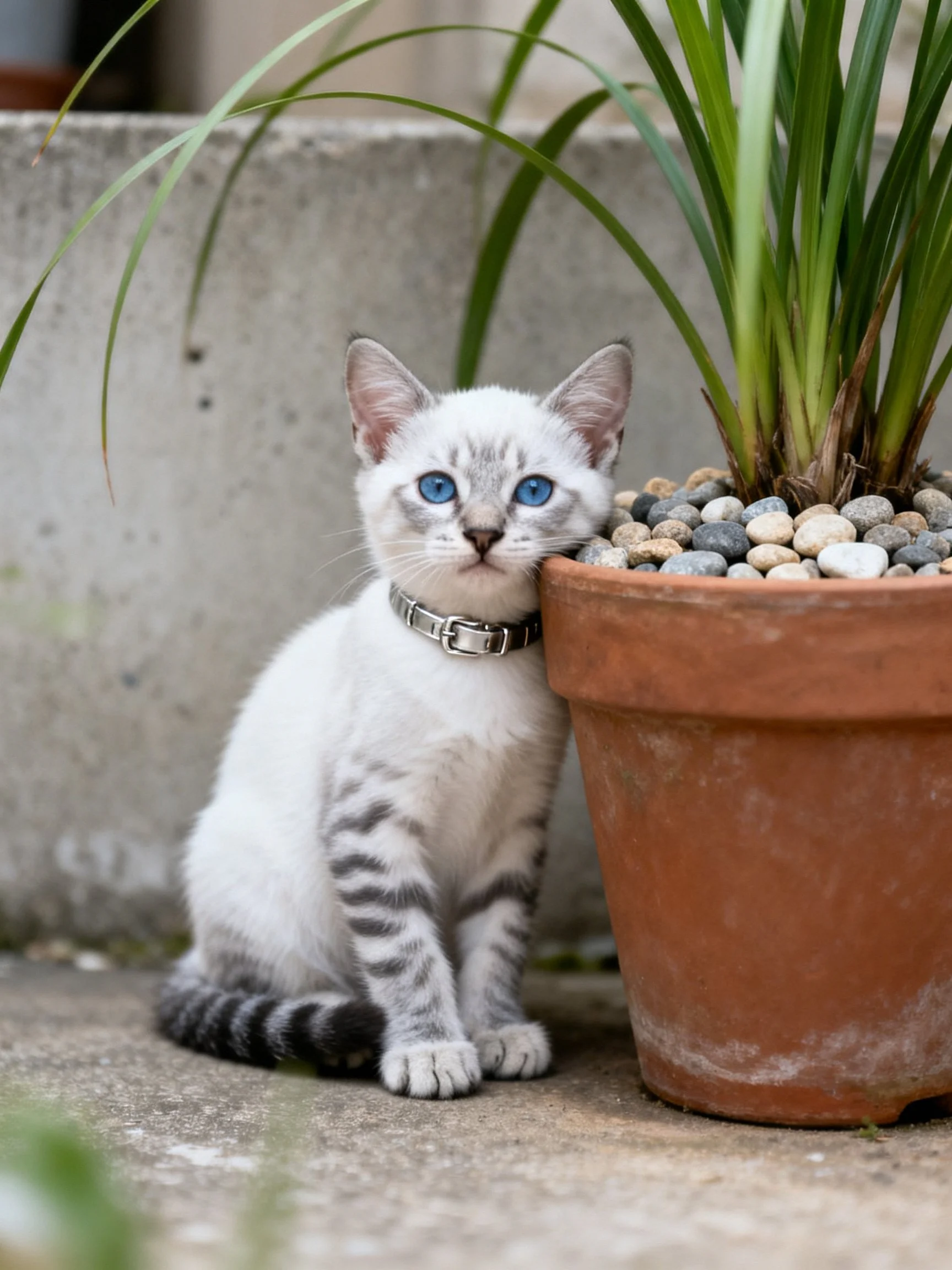 A white kitten with blue eyes sits next to a terracotta pot with pebbles