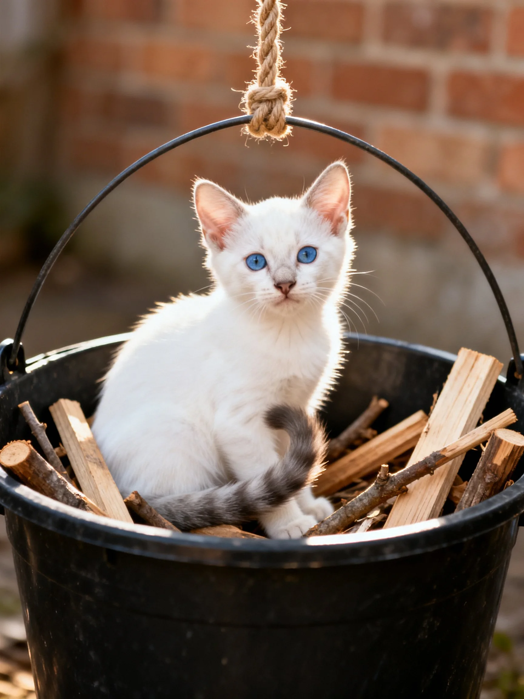 A white kitten with blue eyes is nestled in a black bucket among wooden pieces.