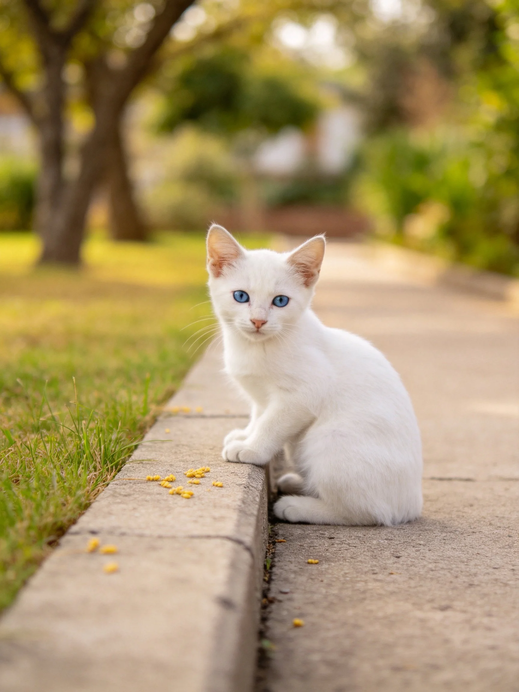 A white kitten with blue eyes sits near food on a sidewalk