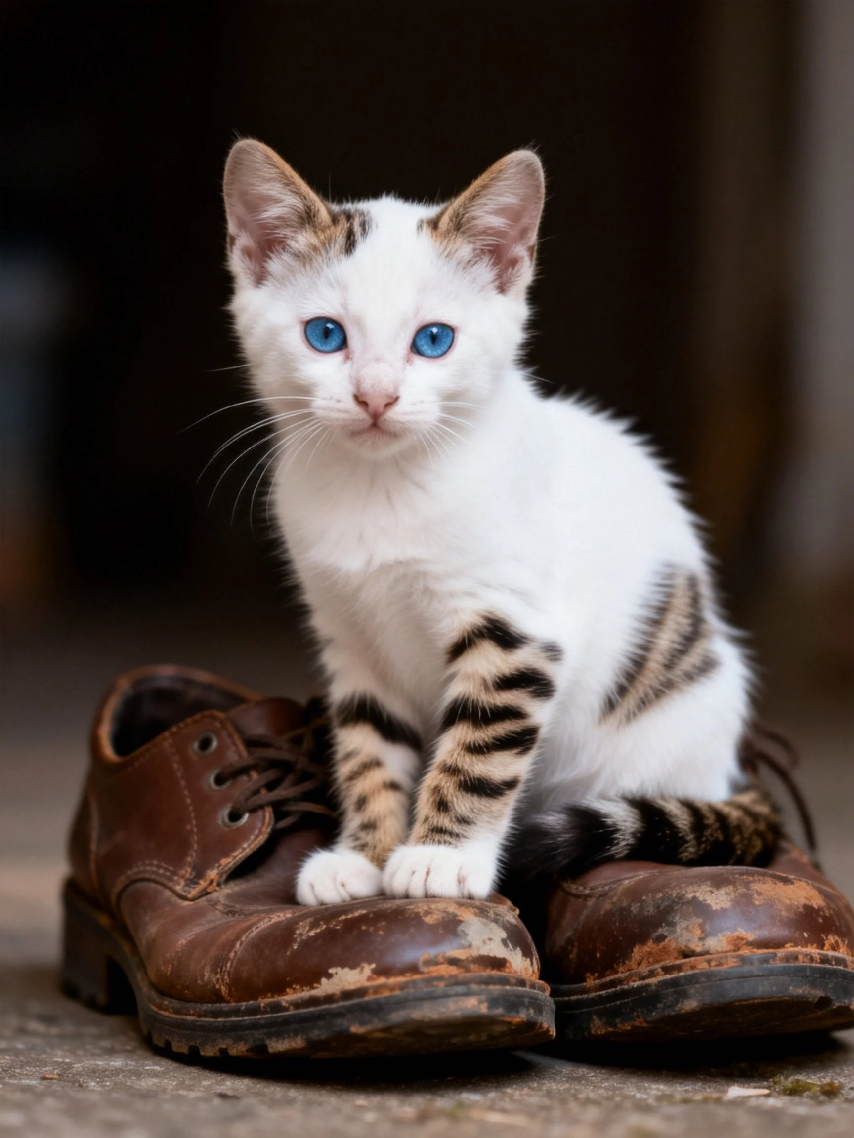 A white kitten with blue eyes sits on old brown shoes.