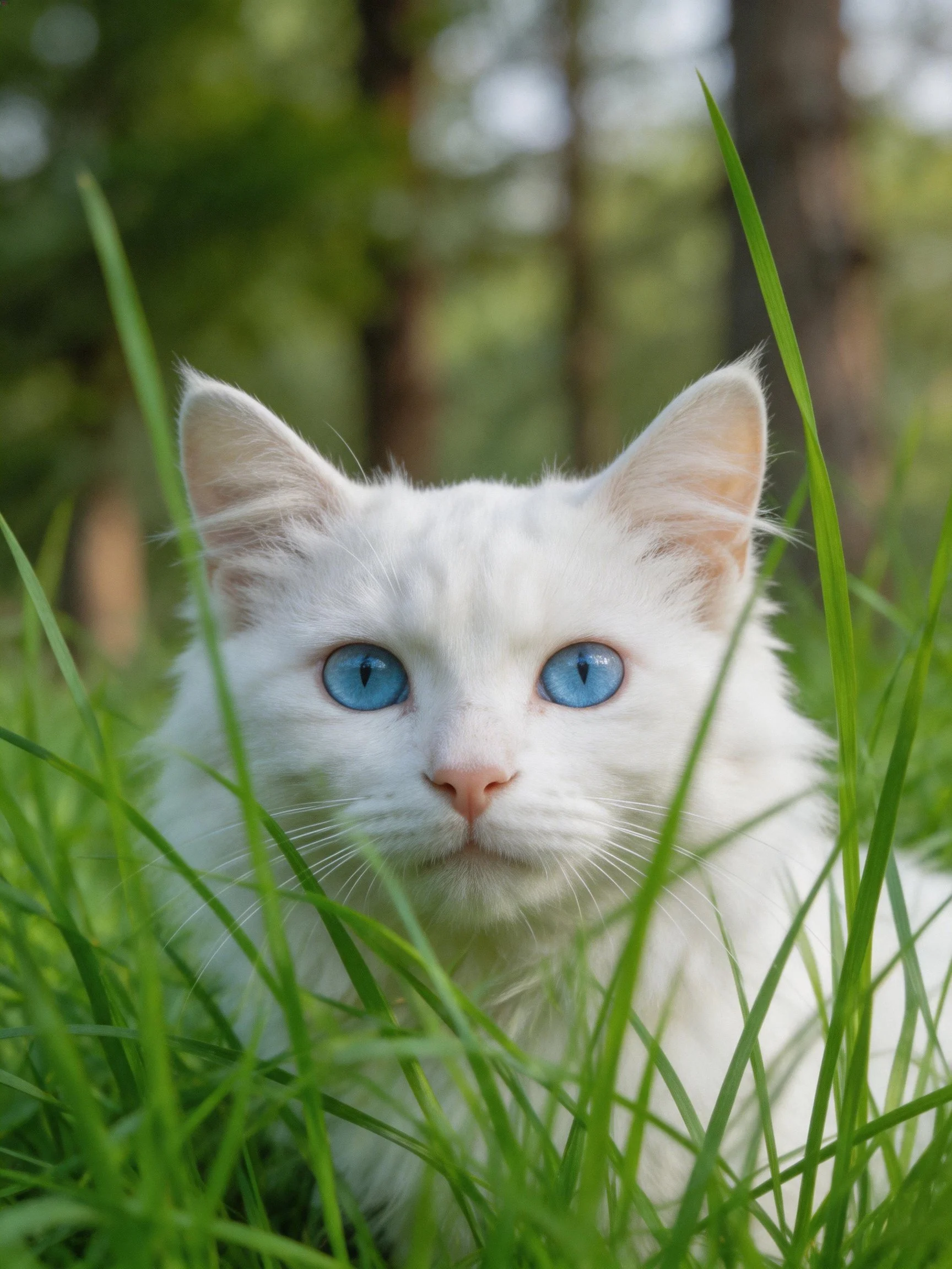 A white kitten with blue eyes sits in lush green grass outdoors.