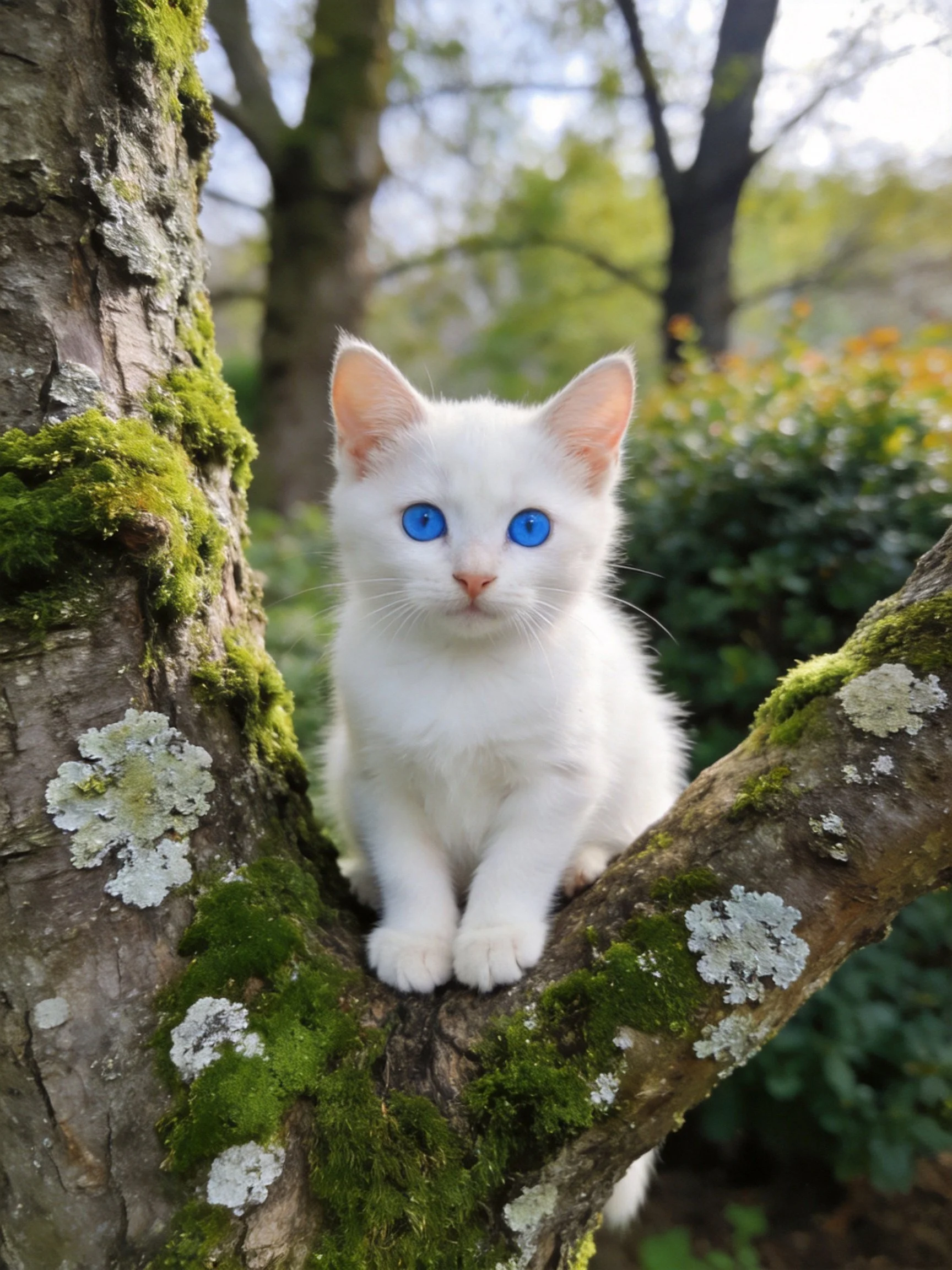 A white kitten with blue eyes rests on a moss-covered tree branch in nature.
