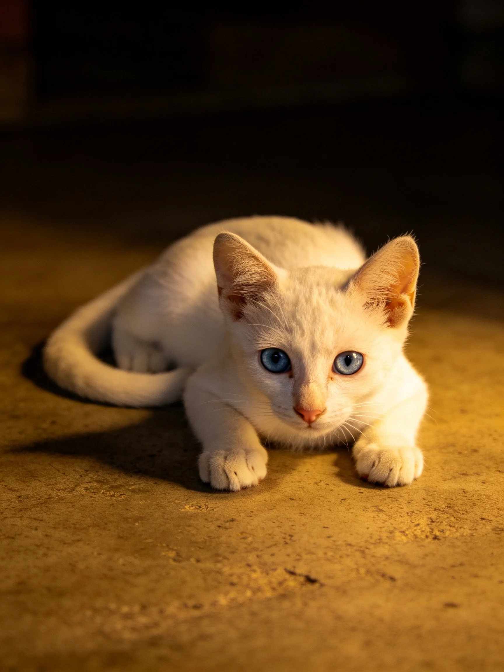 A white kitten with vivid blue eyes rests on a smooth surface.
