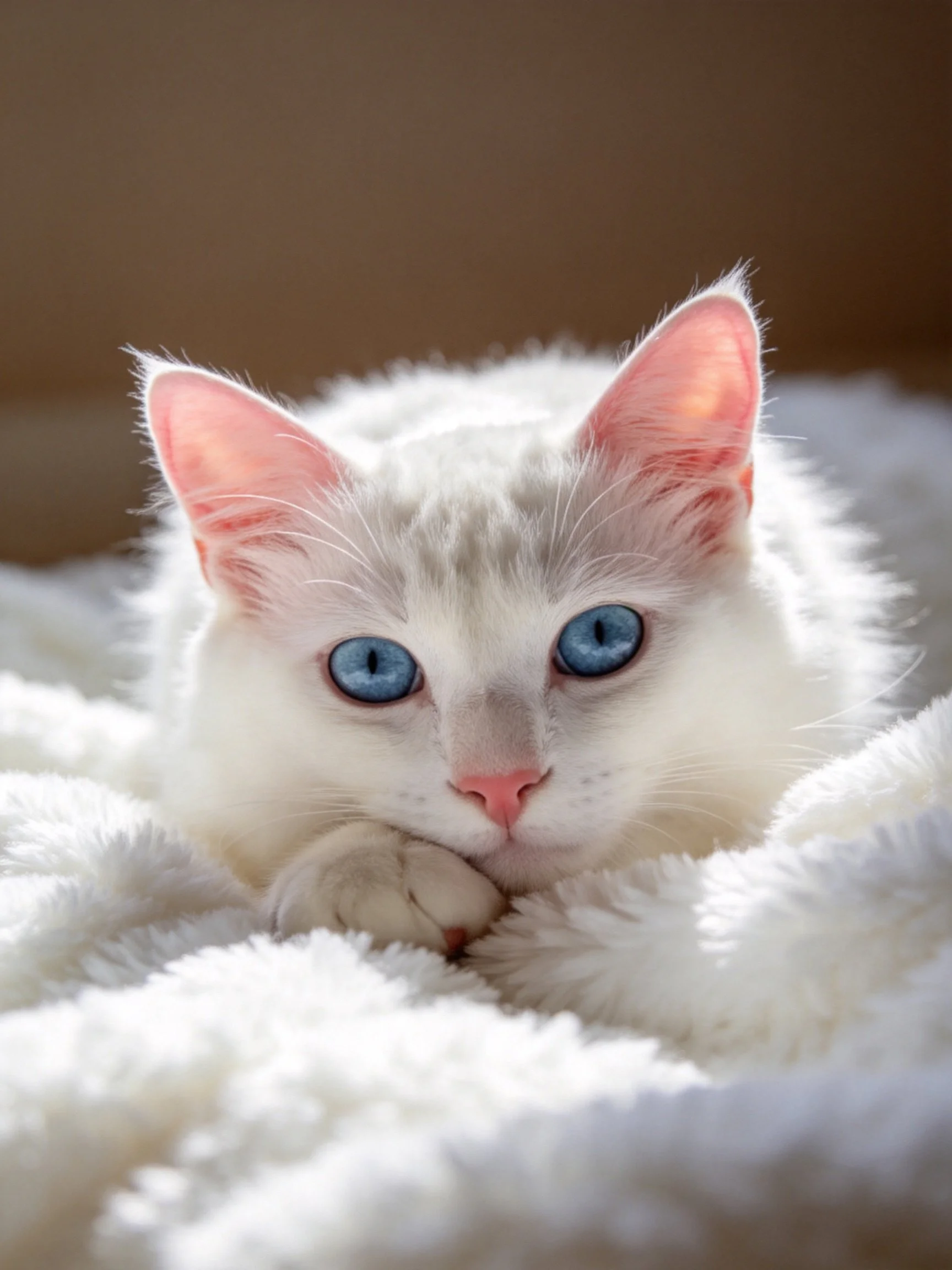 A white kitten with blue eyes relaxes on a plush white surface.