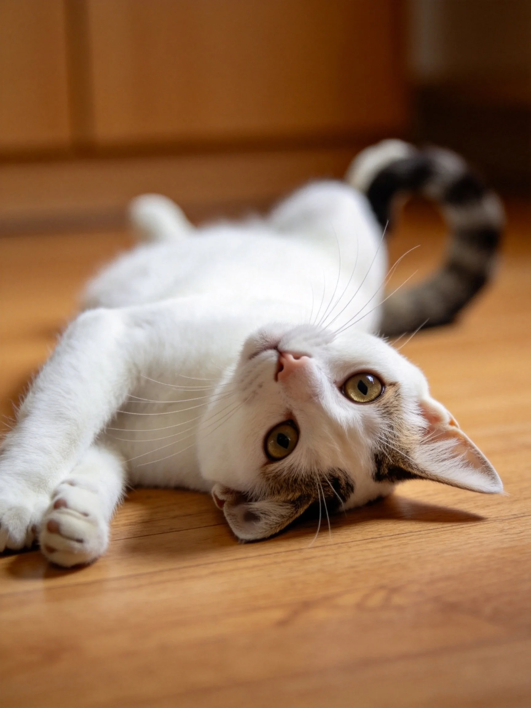 A white kitten with brown patches lies on a wooden floor