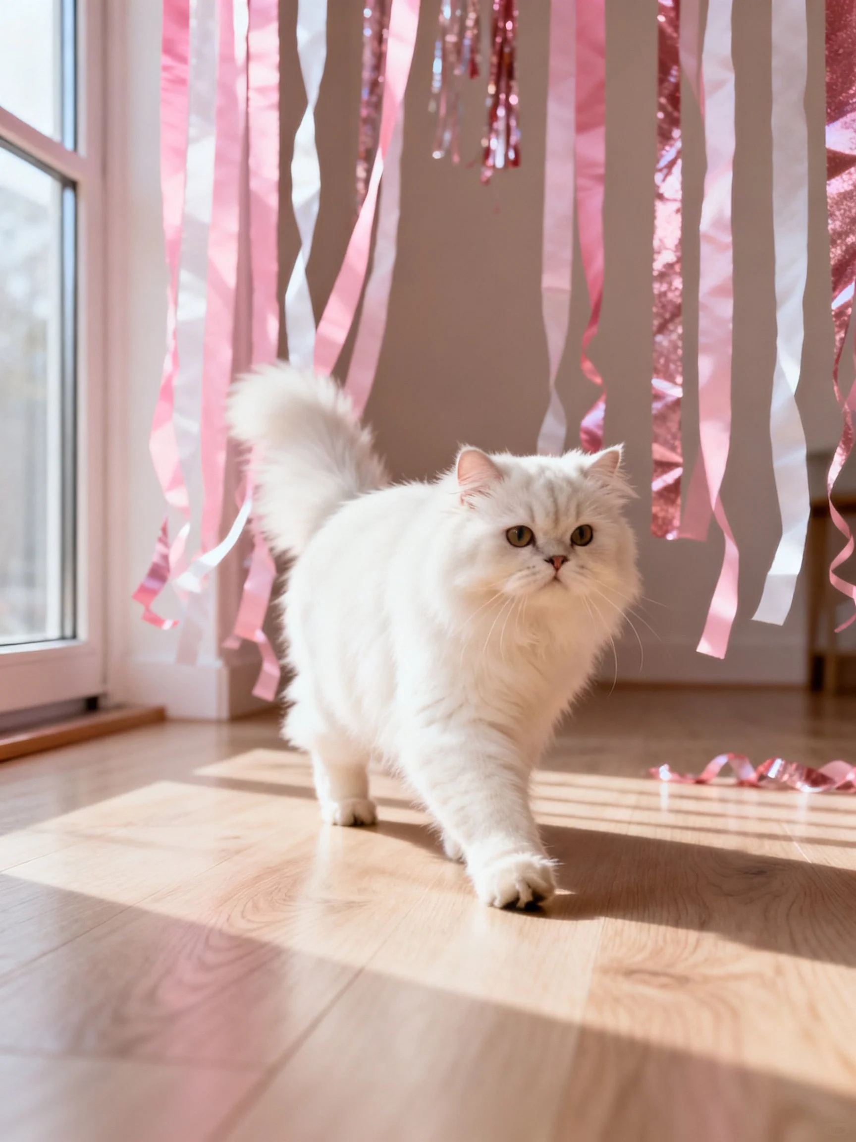 A white long-haired cat near pink and silver hanging streamers on a wooden floor