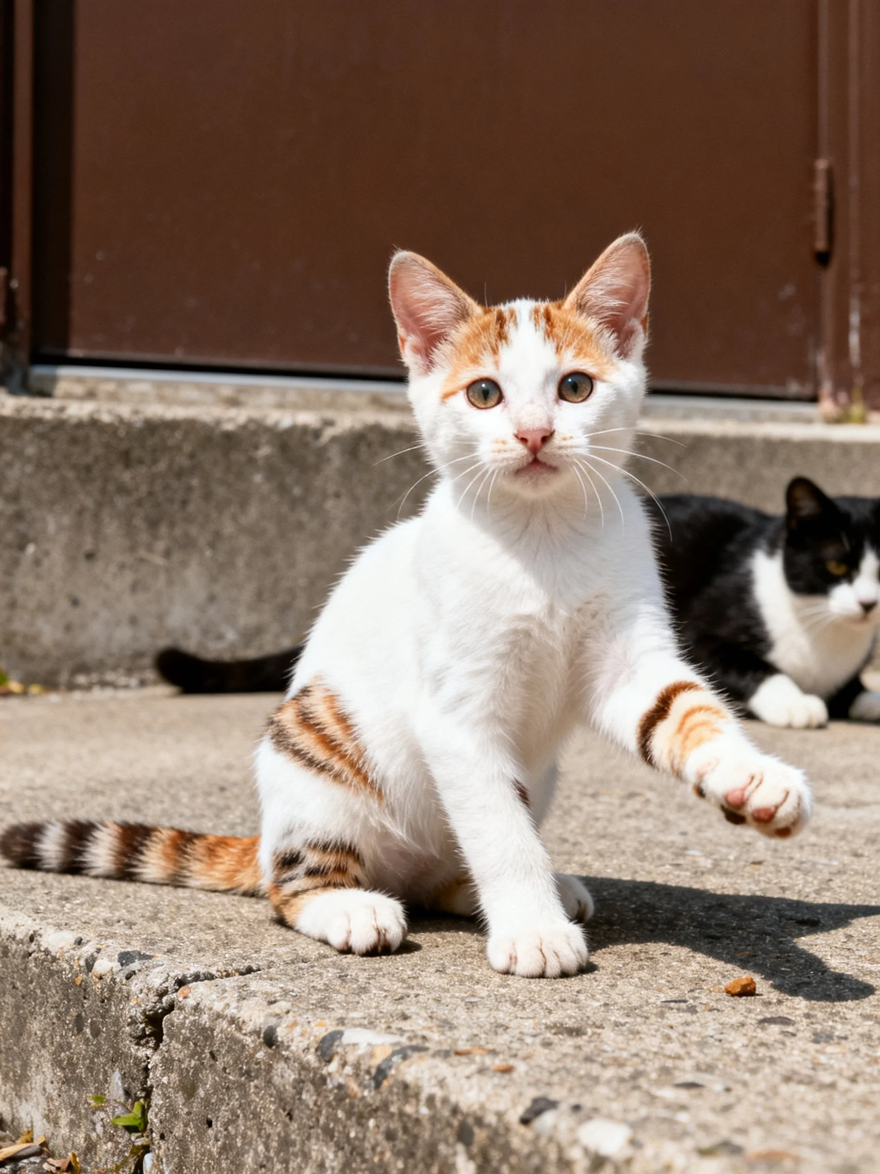 Two cats rest on weathered concrete steps near a brown door