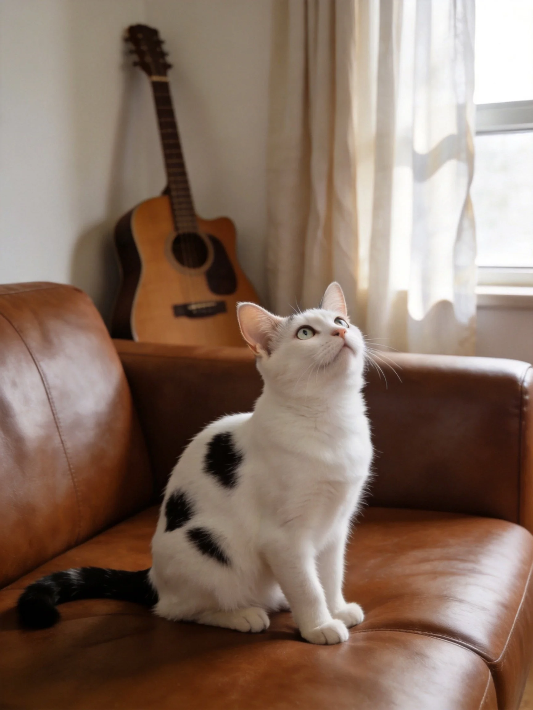 A white-spotted cat rests on a brown leather couch beside a wooden guitar