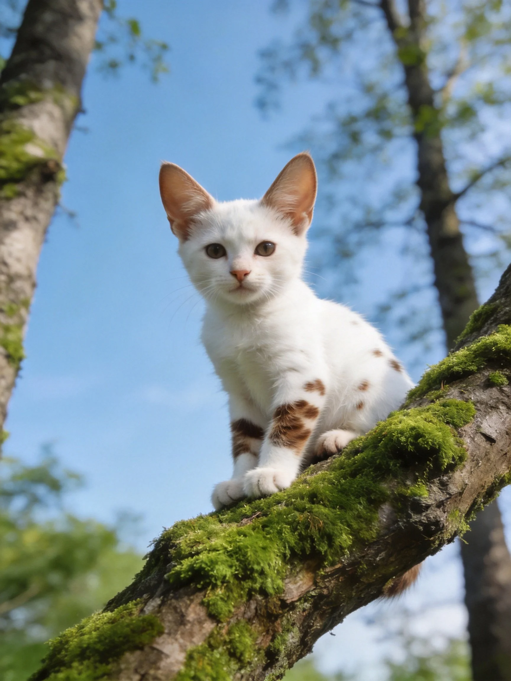 A white spotted kitten rests on a mossy tree branch amid trees and blue sky.
