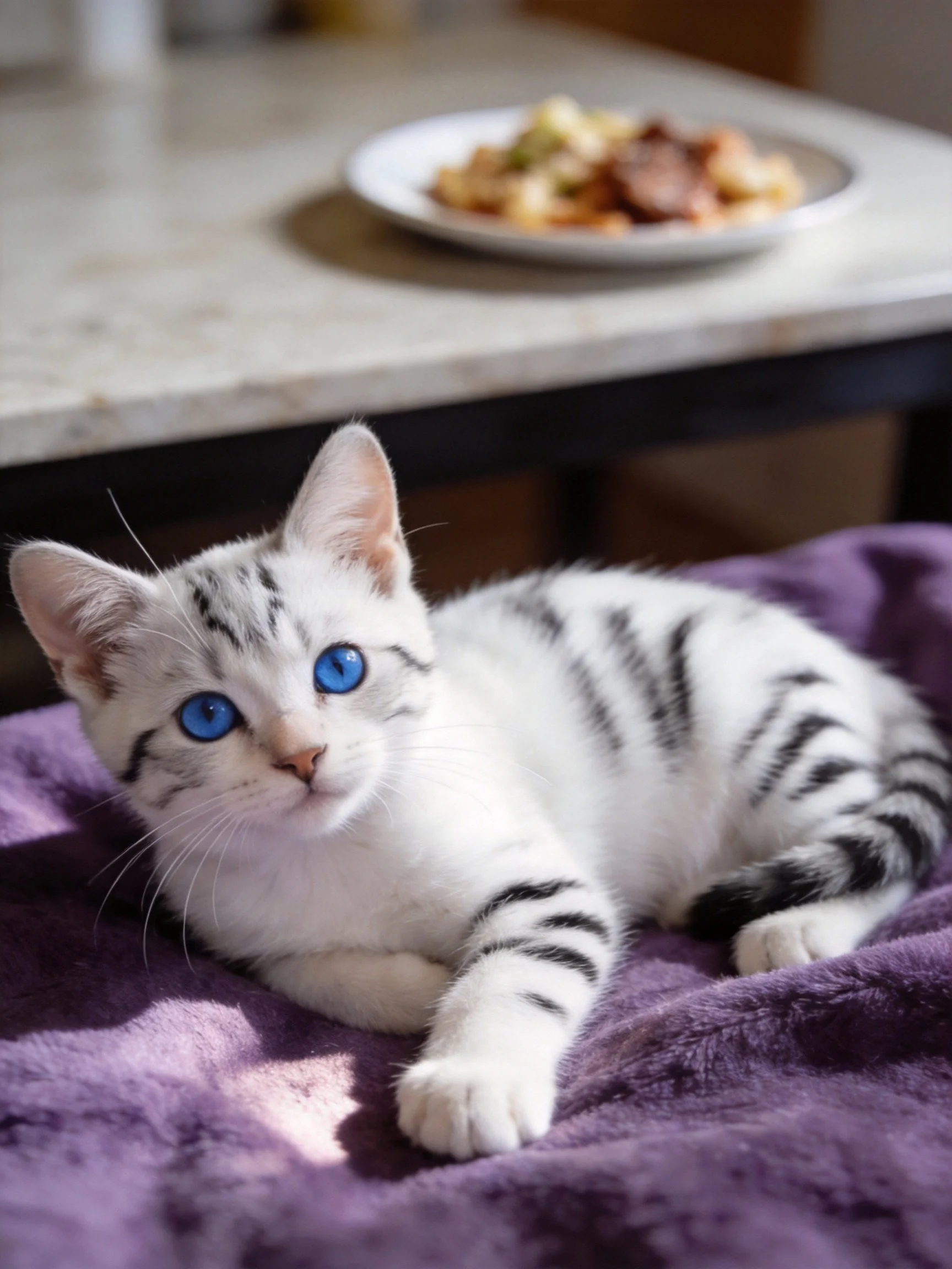 A white tabby kitten with blue eyes relaxes on a purple blanket beside a table with food