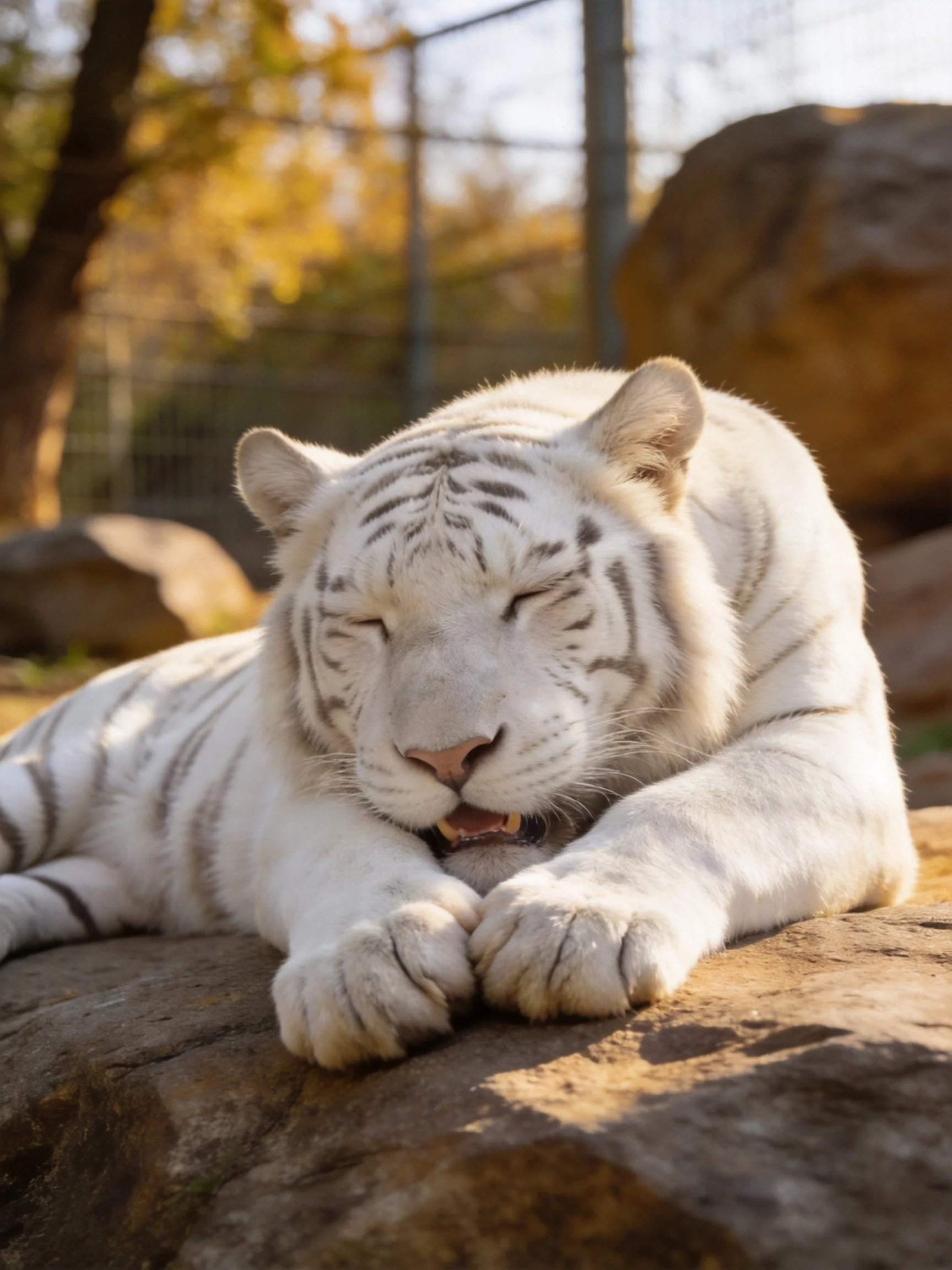 A white tiger rests peacefully on a large brown rock