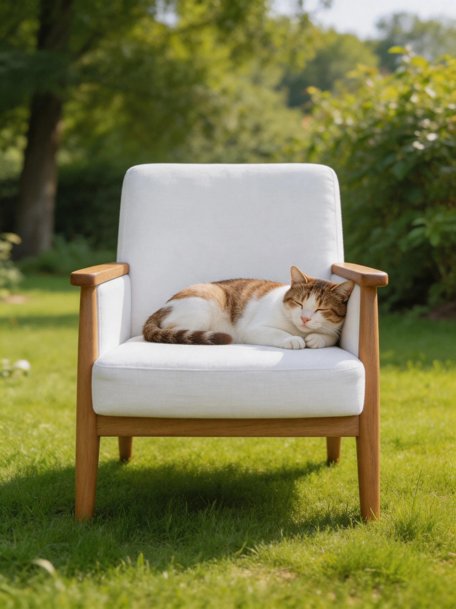 A white upholstered chair with wooden arms holds a brown-and-white cat on green grass