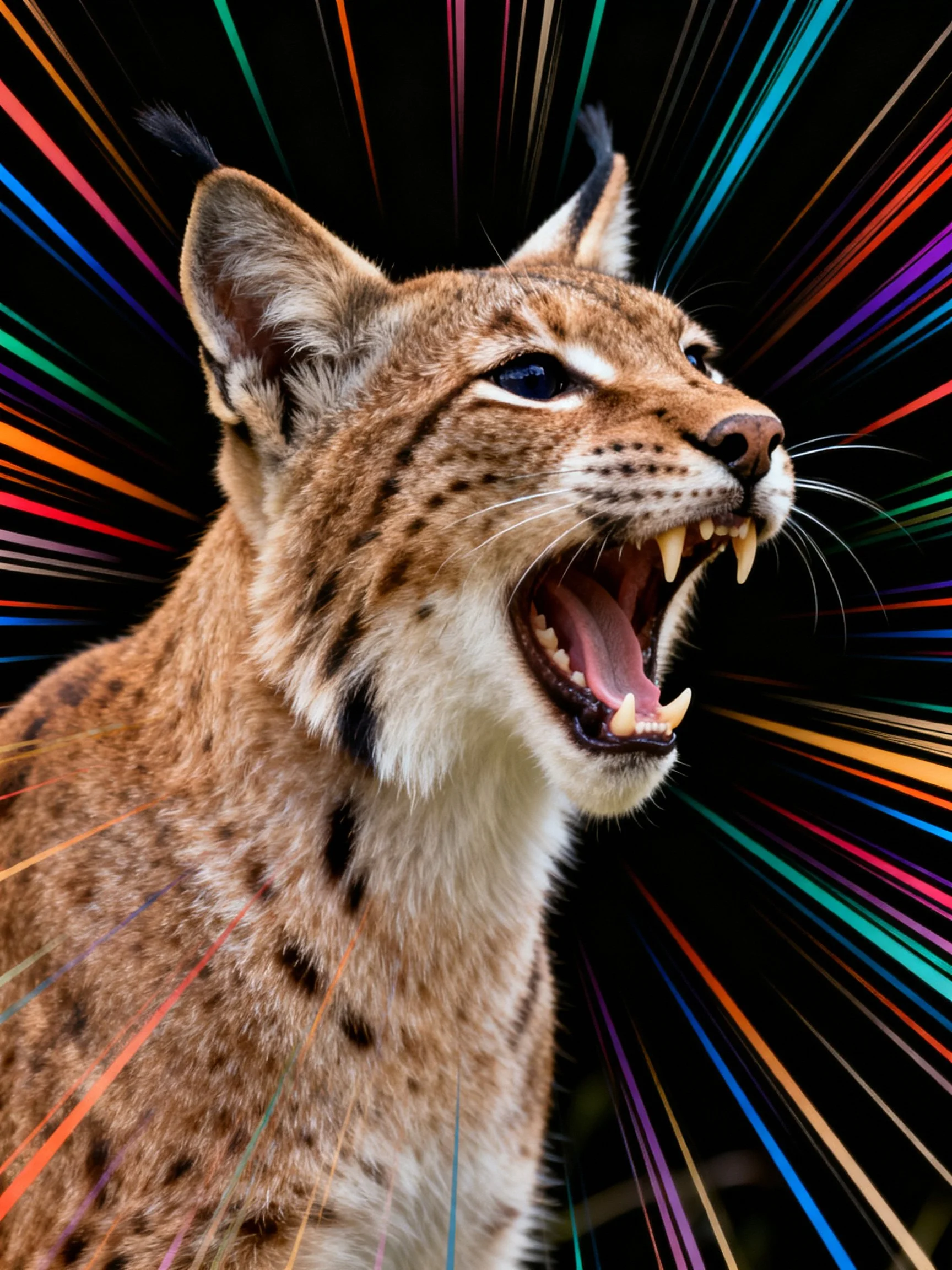 A wild cat roaring against vibrant multicolored radial streaks