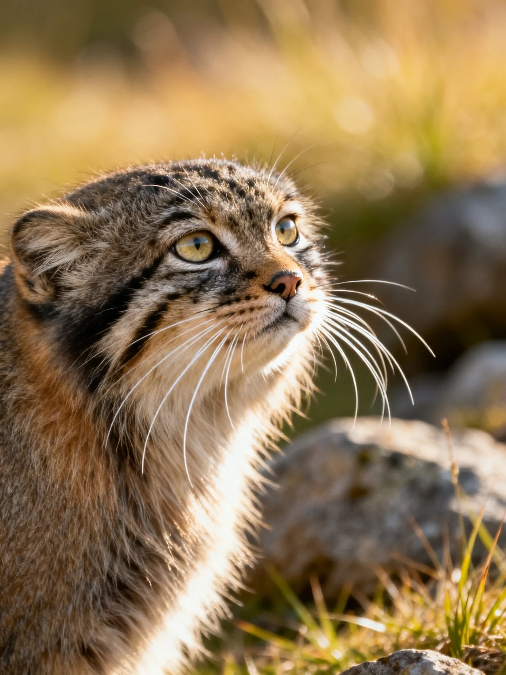 A wild cat with thick, patterned fur near rocks and grass