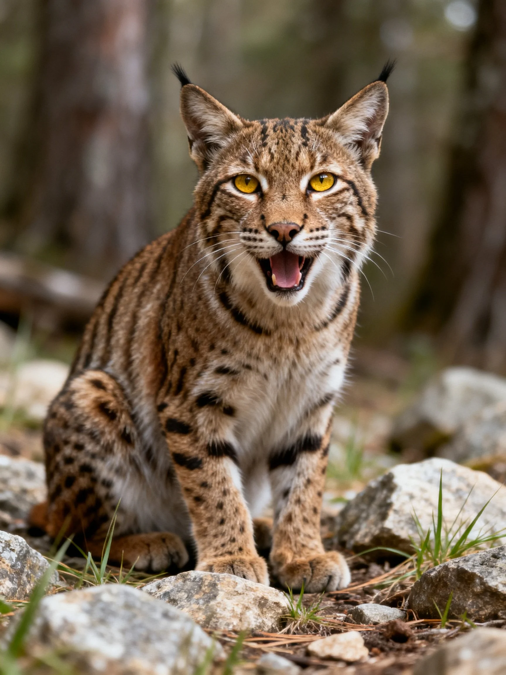 A wild lynx with spotted fur and bright yellow eyes sits among rocks