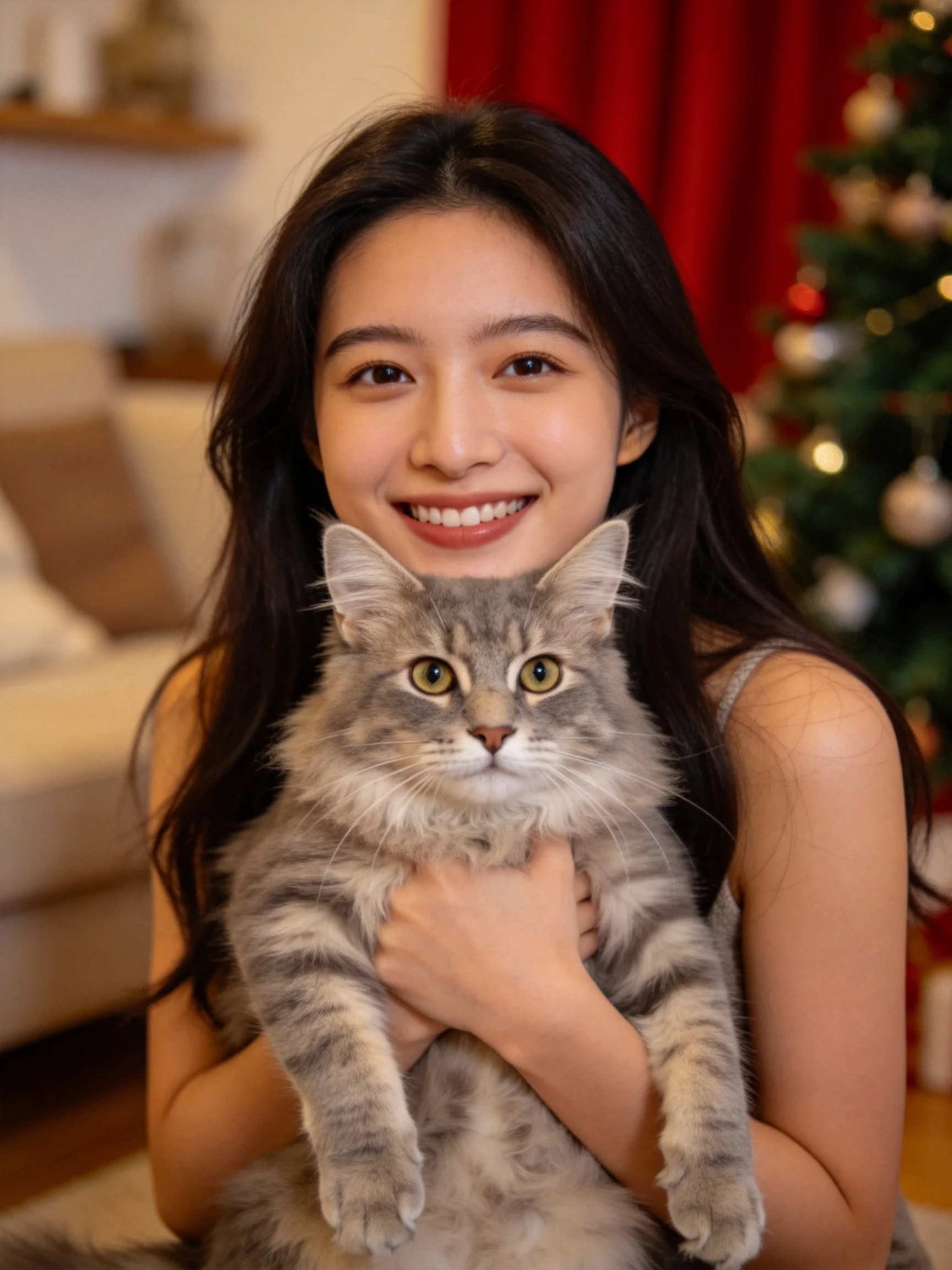A woman holding a fluffy gray tabby cat near a decorated Christmas tree