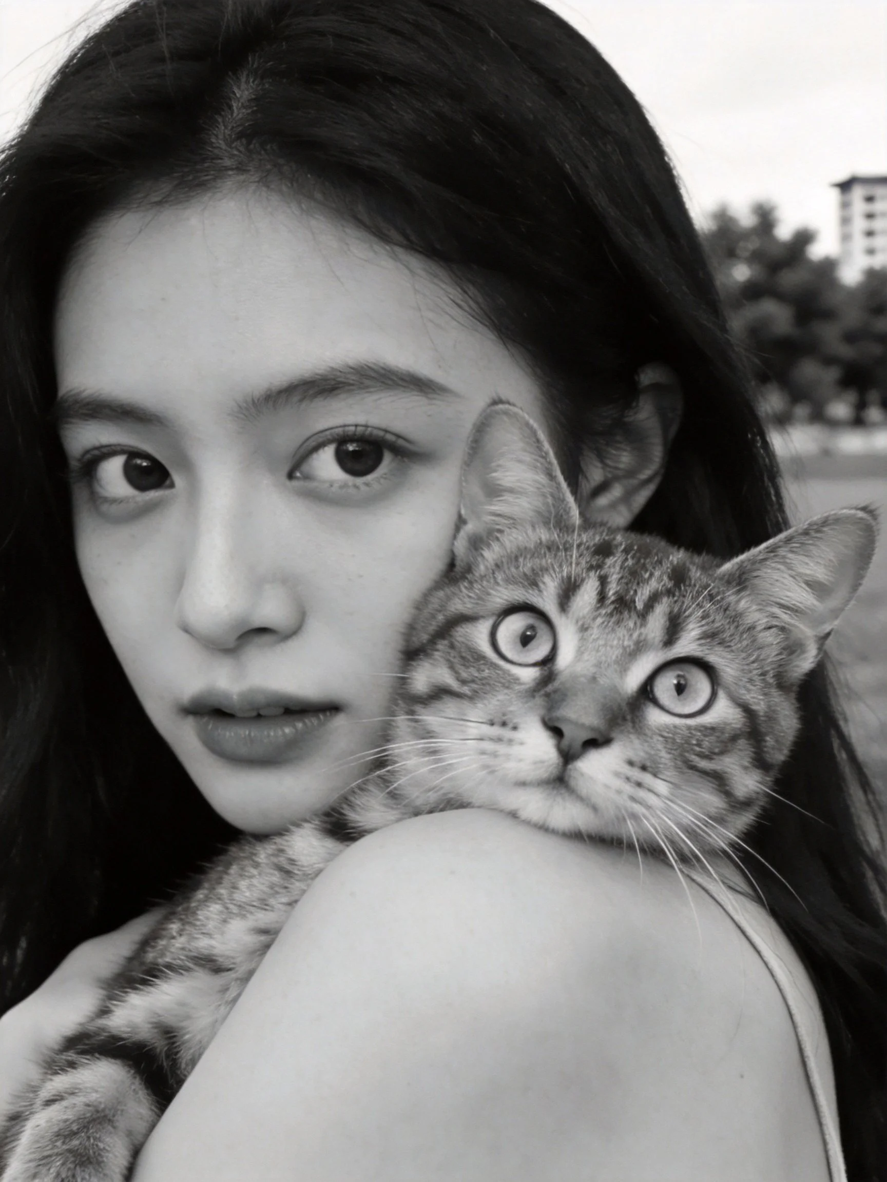 A woman holding a tabby cat in an outdoor black - and - white scene