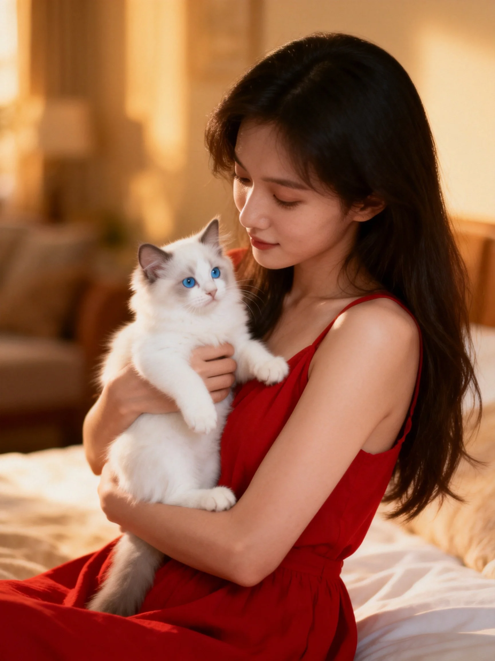A woman in a red dress holds a fluffy white cat with blue eyes