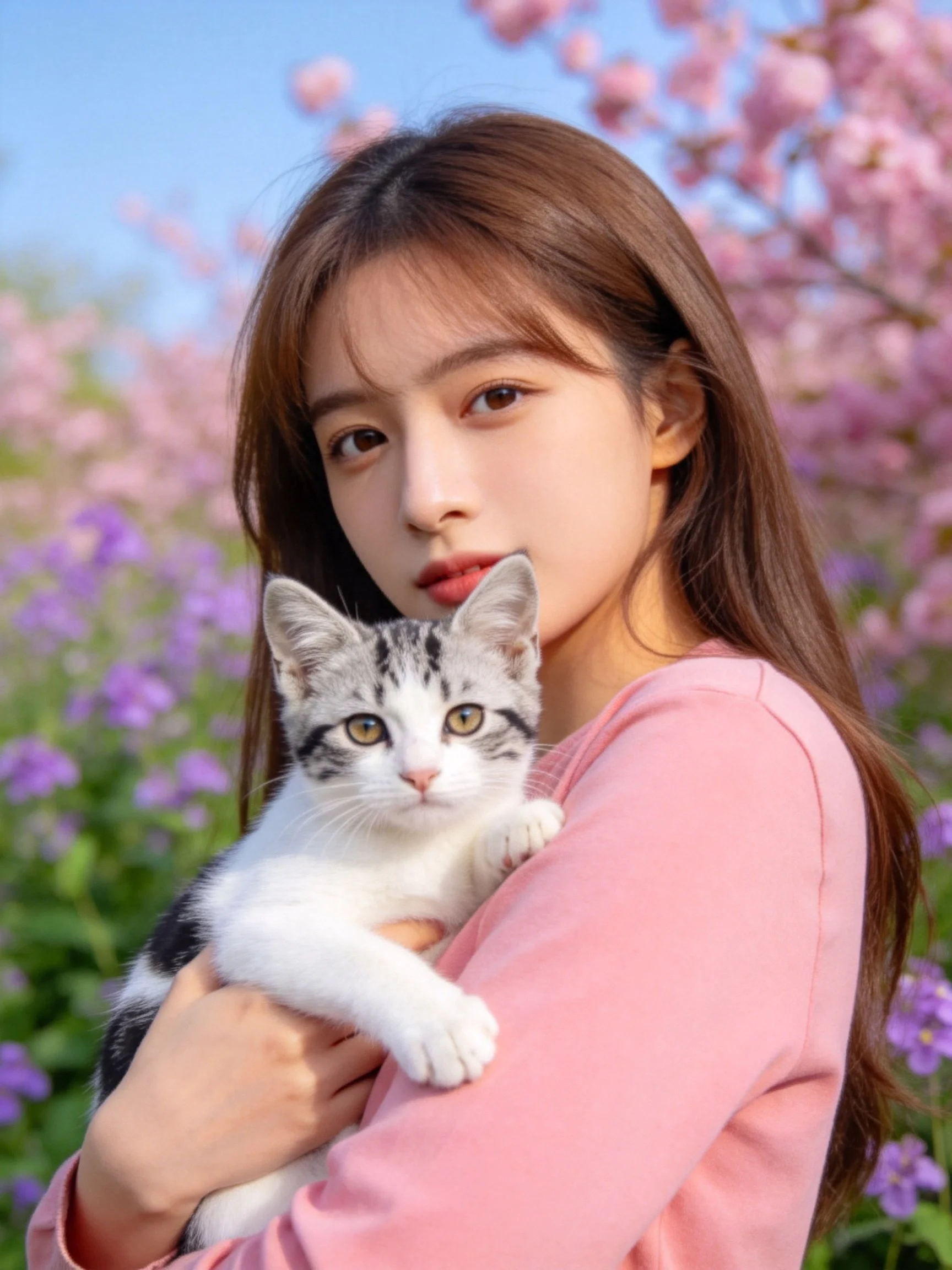 A woman in pink holds a tabby kitten amid vibrant flowering vegetation.
