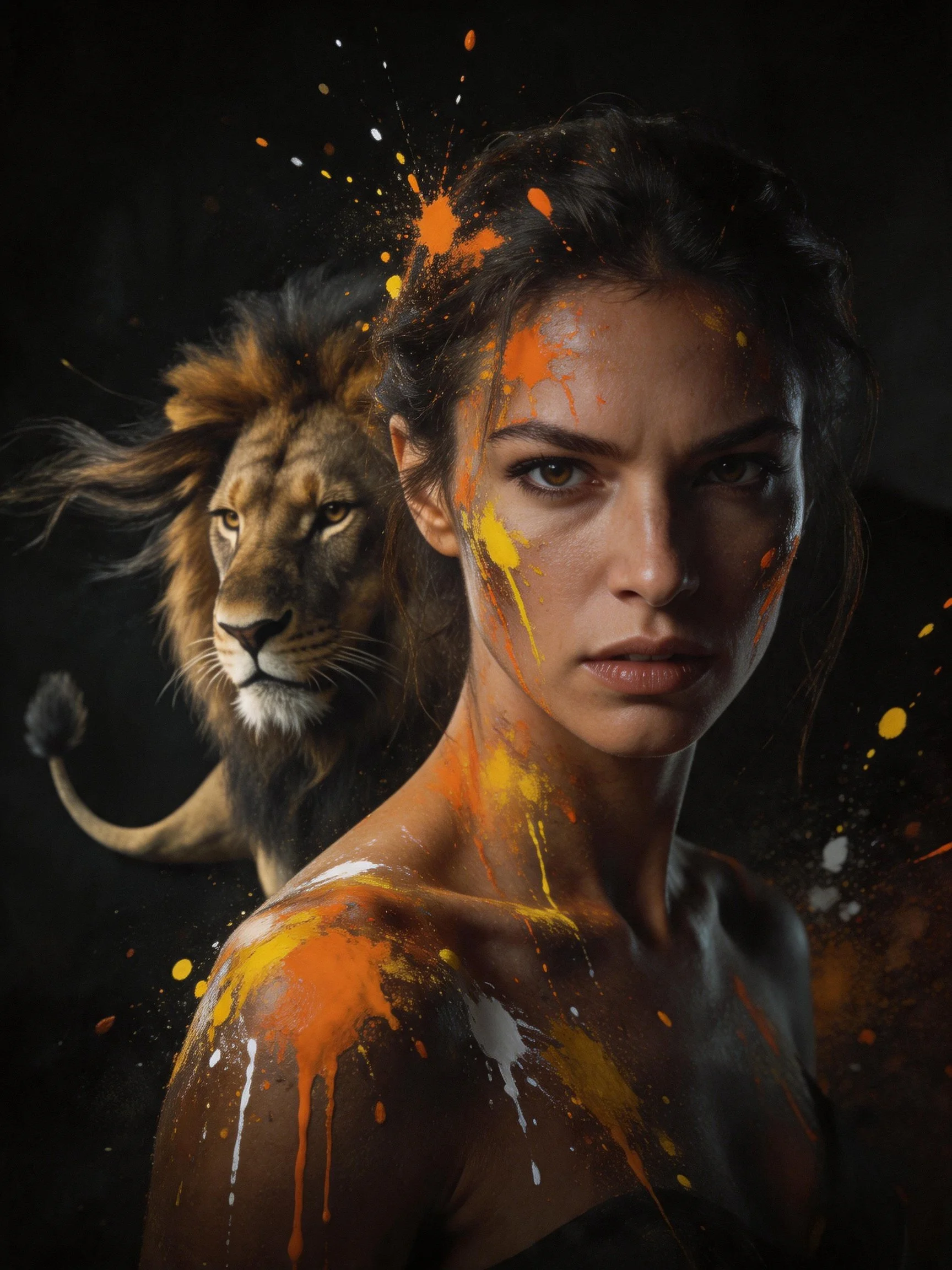 A woman with colorful paint splatters beside a majestic lion on a dark backdrop