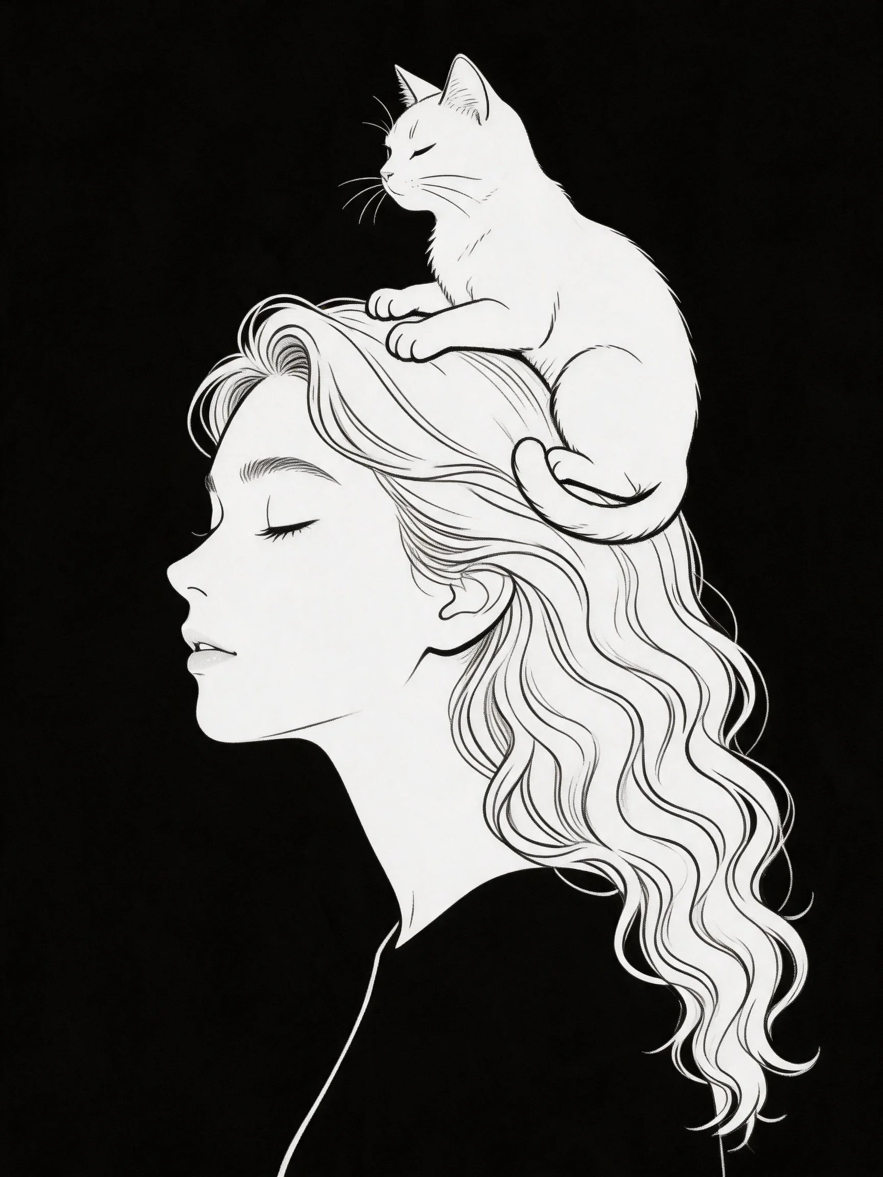 A woman with long wavy hair has a white cat on her head