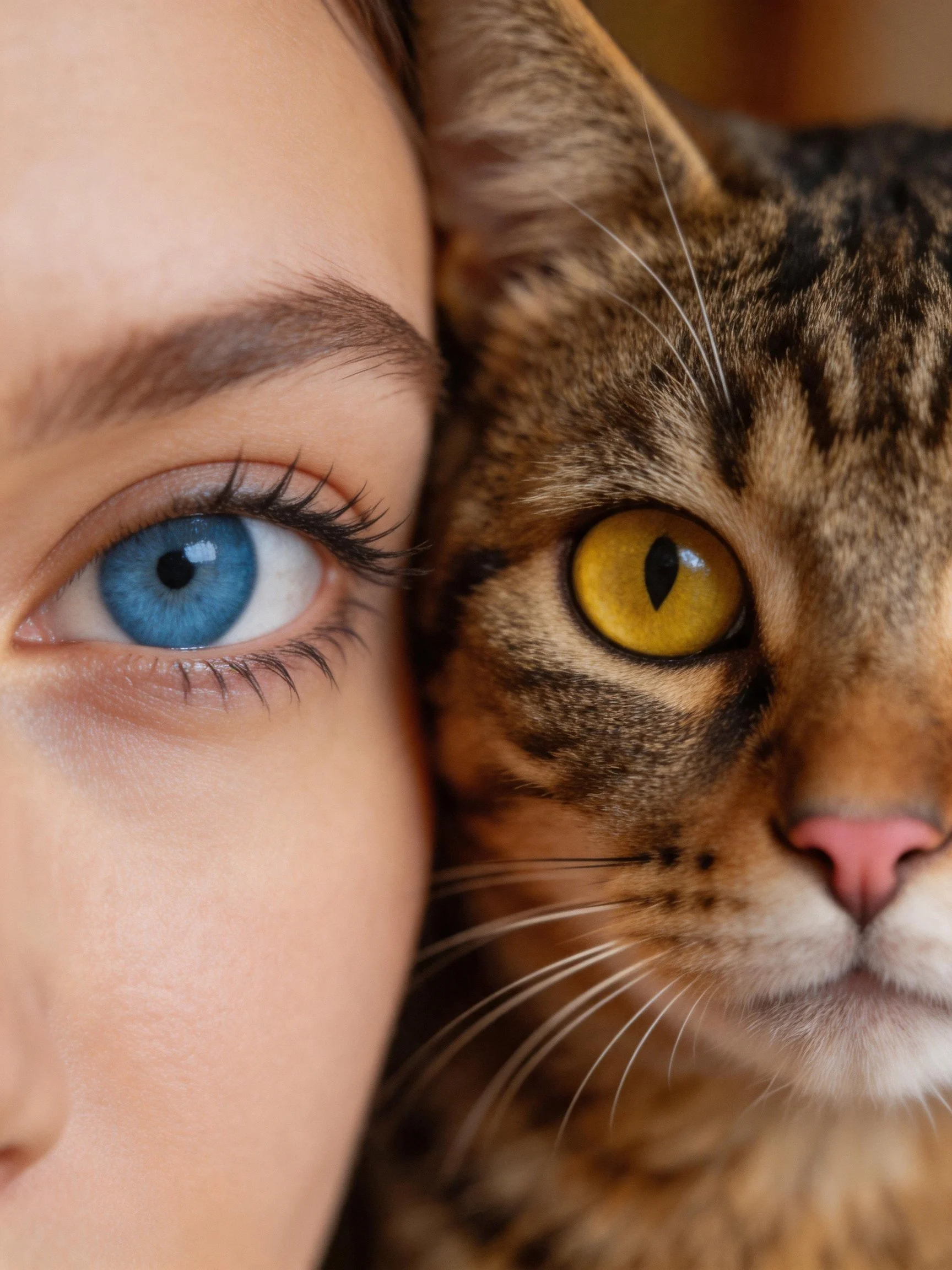 A woman’s blue eye is shown alongside a tabby cat’s yellow eye in a close - up photograph.