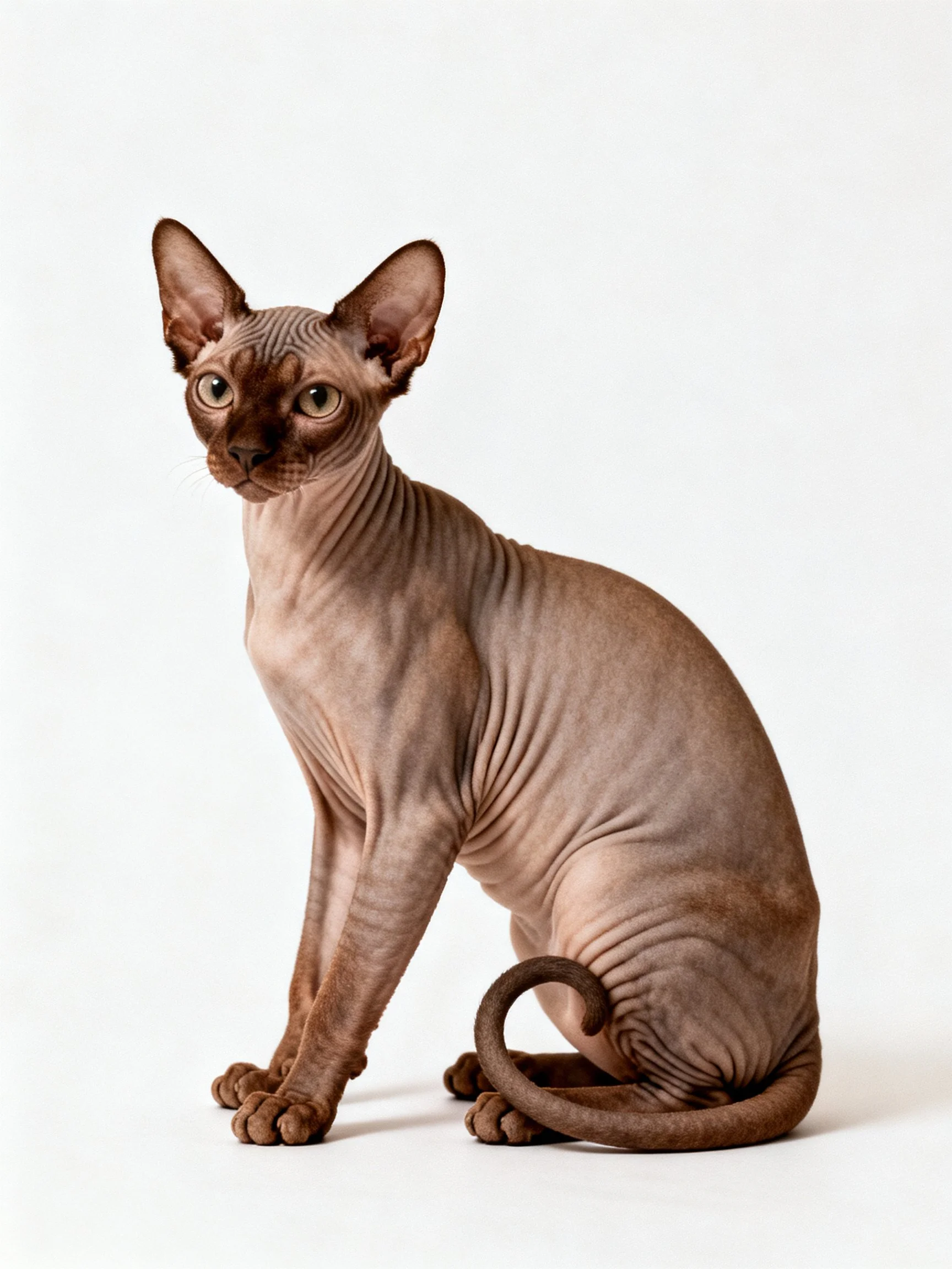 A wrinkled-skinned brown Sphynx cat posed against white