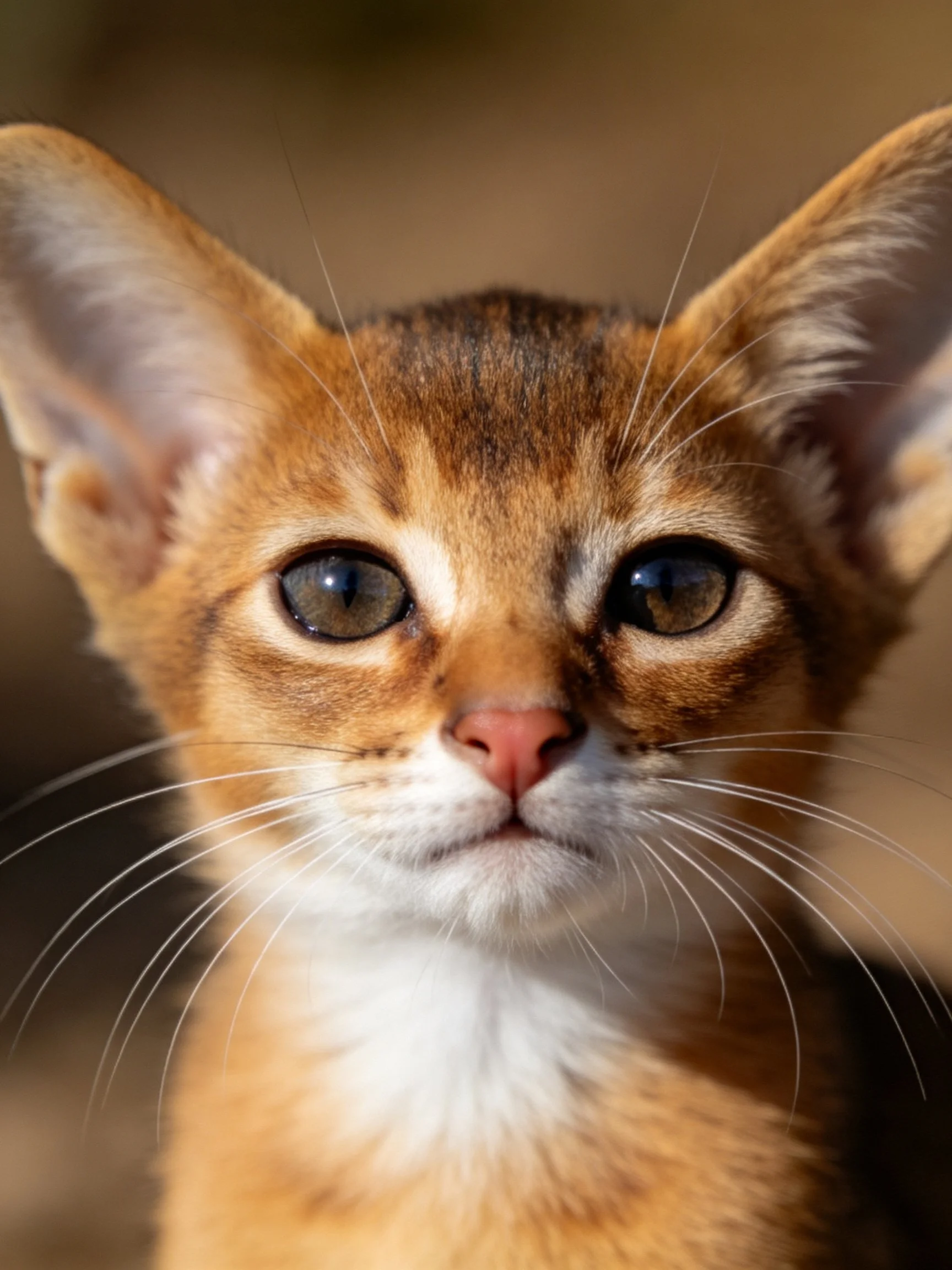 A close-up of a young Abyssinian kitten with striking eyes and distinctive markings.
