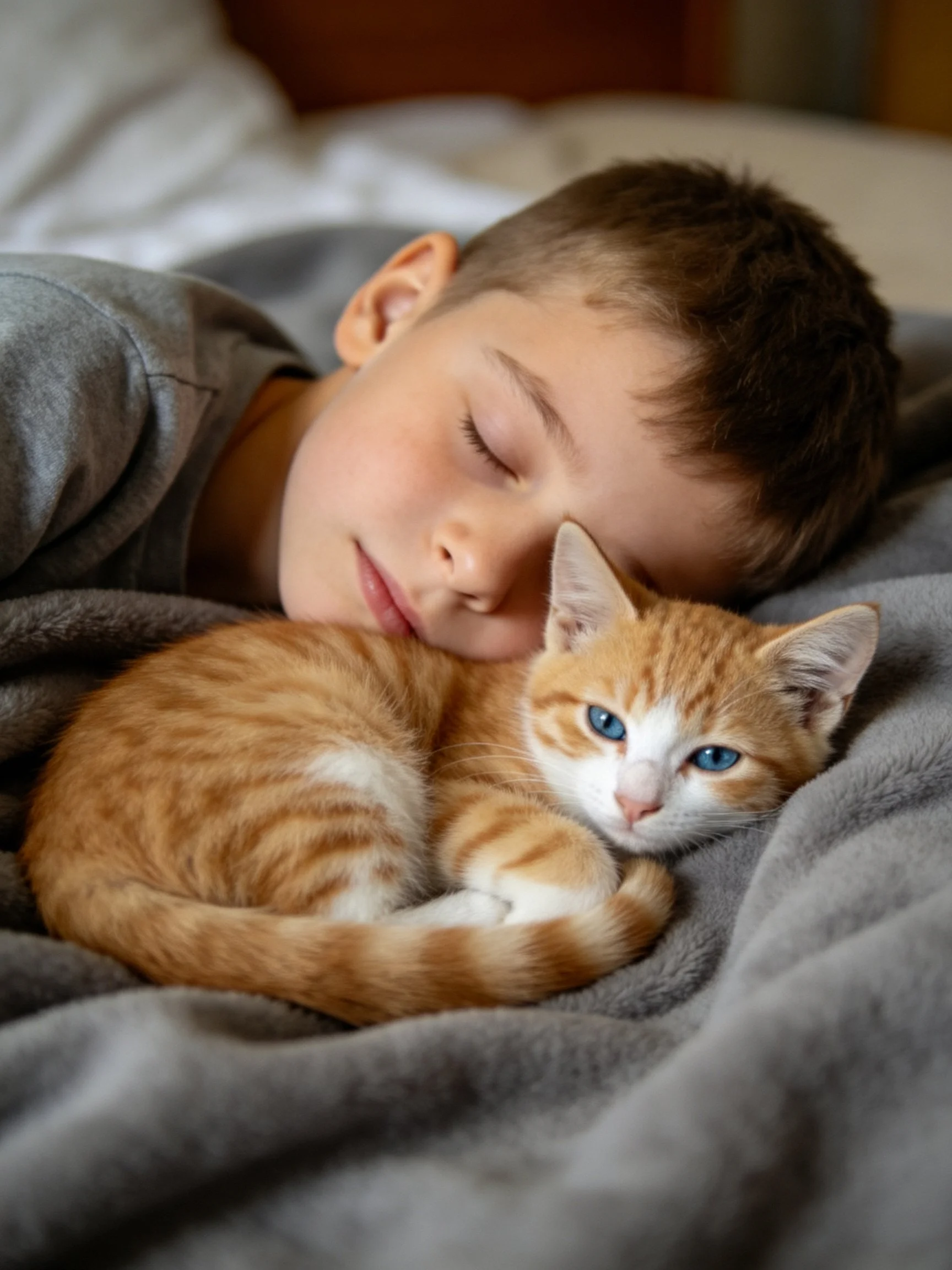 A young boy sleeps beside an orange tabby kitten on a gray blanket