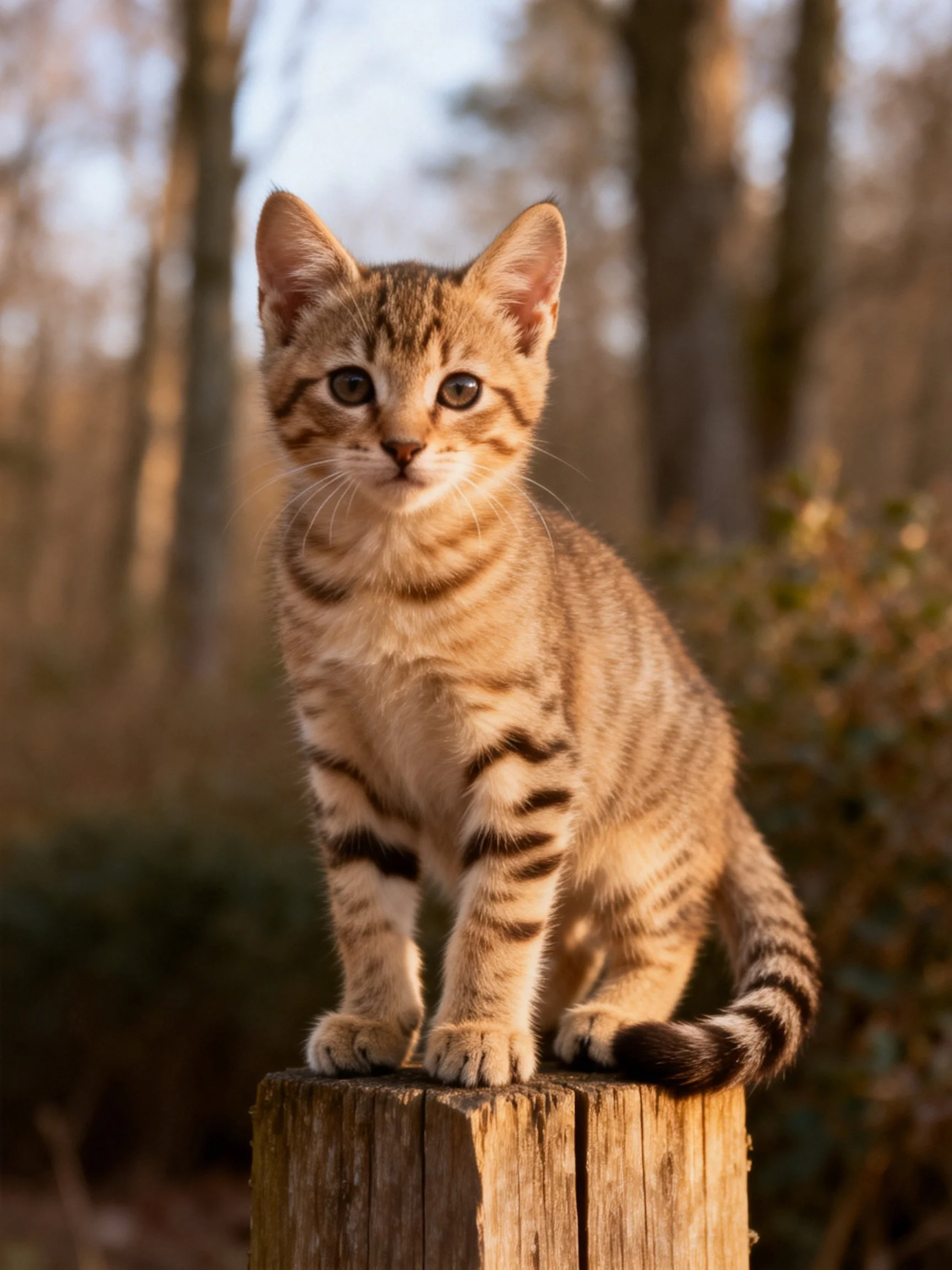 A young brown tabby kitten perched on a weathered wooden post