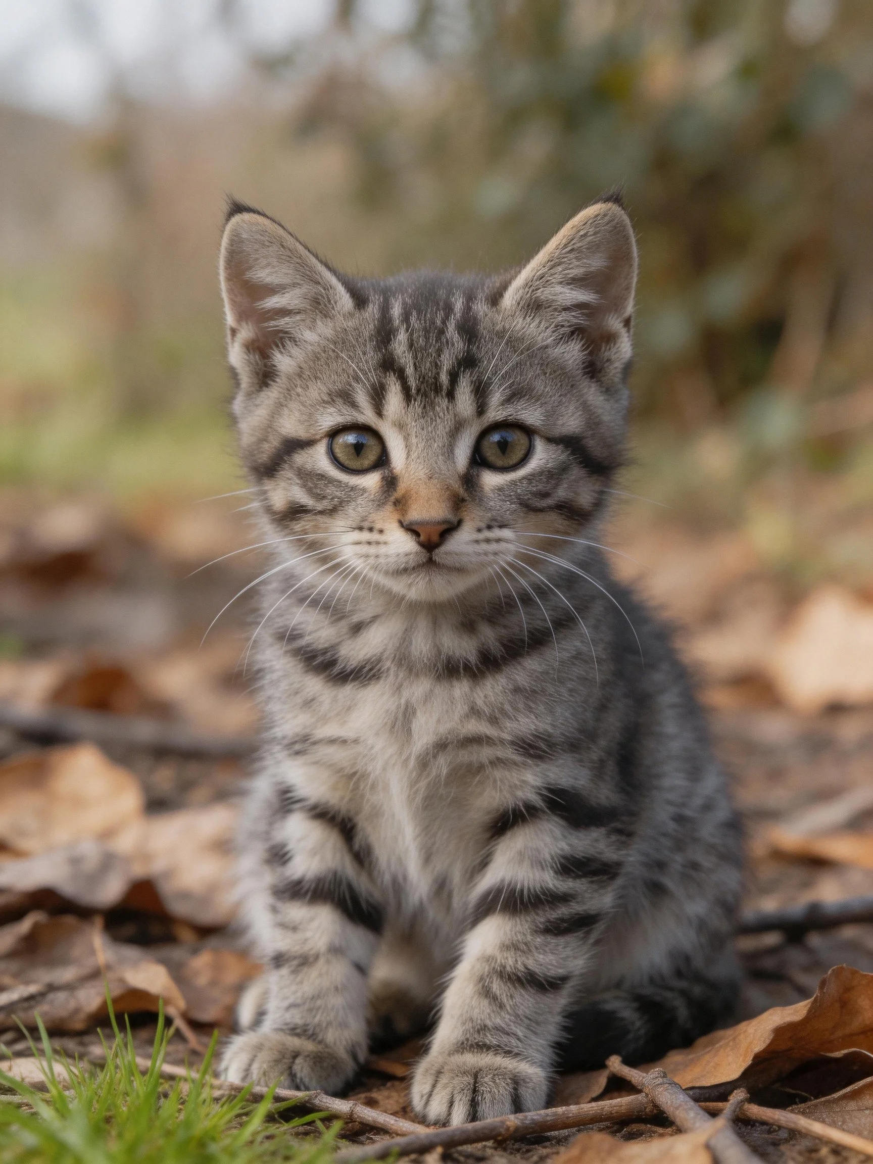 A young gray tabby kitten sits among dry autumn leaves outdoors.