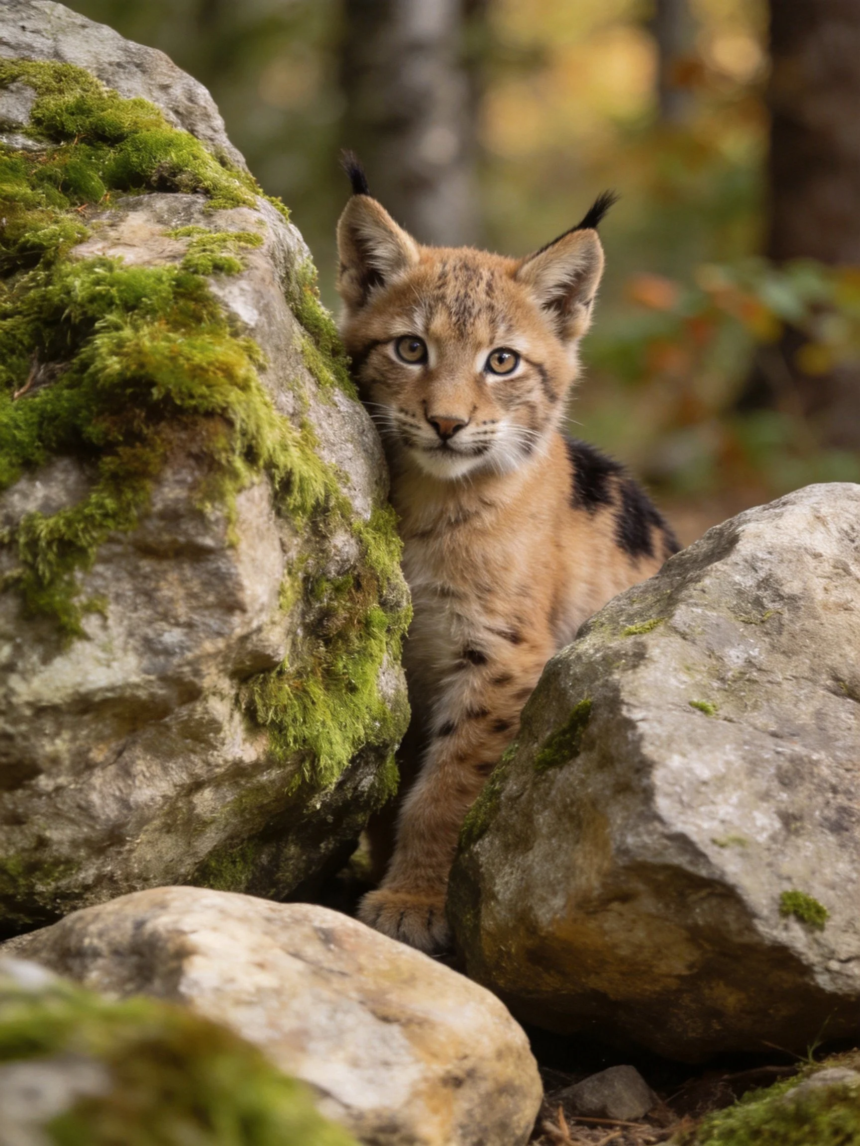 A young lynx cub nestled among moss-laden rocks in a forest