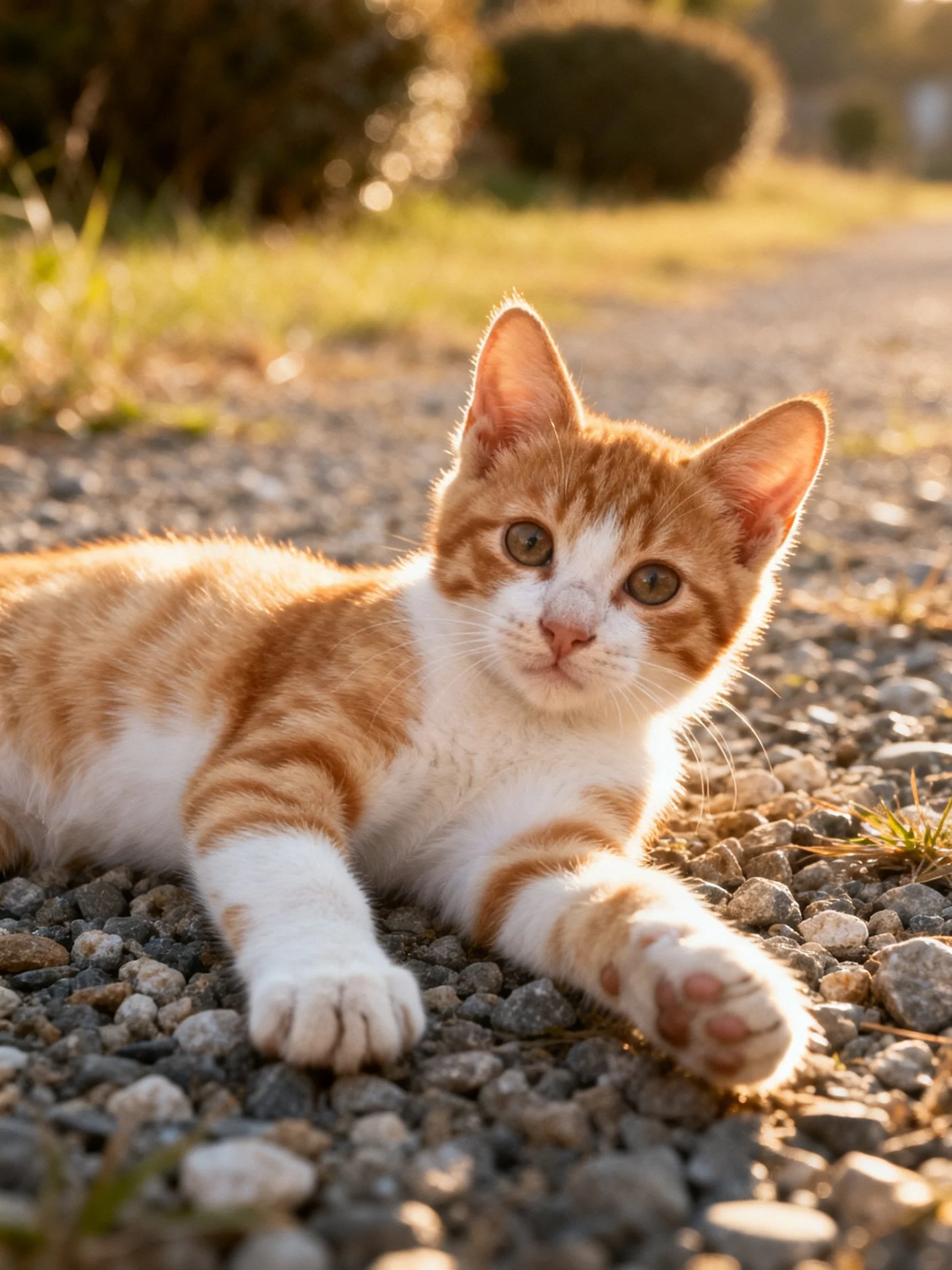 A young orange-and-white kitten relaxes on gravel in a sunlit outdoor area.