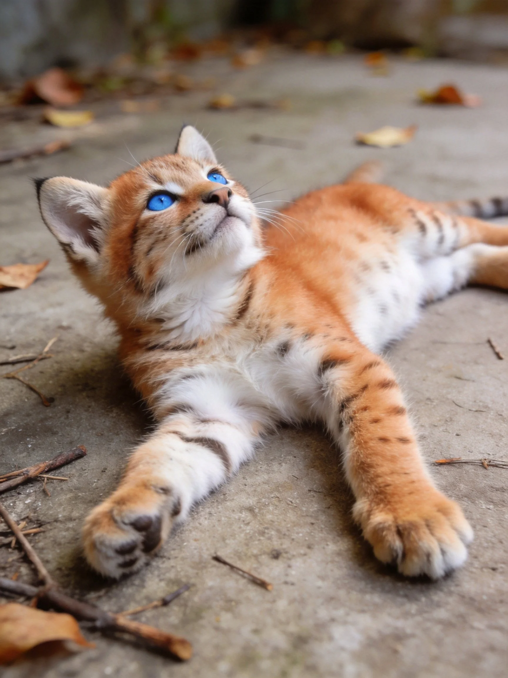 A young orange-spotted cat with blue eyes relaxes on a leaf-speckled concrete area